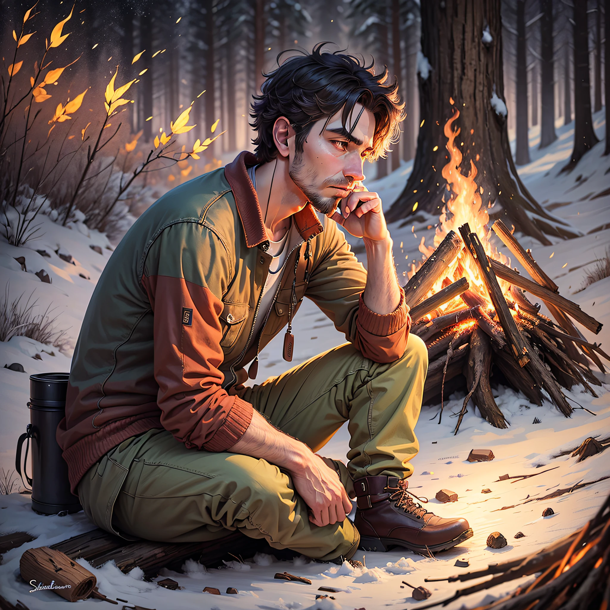 lonely man sitting by a campfire --auto --s2