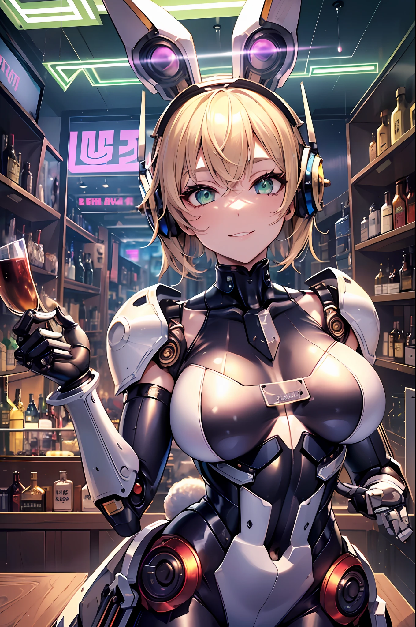 Top quality, masterpiece, fine detail, super detailed, accurate depiction, highly detailed 8k wallpaper, beautiful mechanical girl, solo, green eyes, happy smile, (sexy mechanical girl: 1.3), five perfect fingers, (white exoskeleton suit: 1.1), pigeon toed, (mechanical joints, mechanical arms, mechanical legs: 1.4), (exposed shoulders, exposed armpits, exposed thighs), glamor, (thin waist, huge breasts, wide hips), rabbit ears, rabbit tail, headphone, short blonde hair, cyberpunk, (bar), counter, wine, whiskey, bourbon,