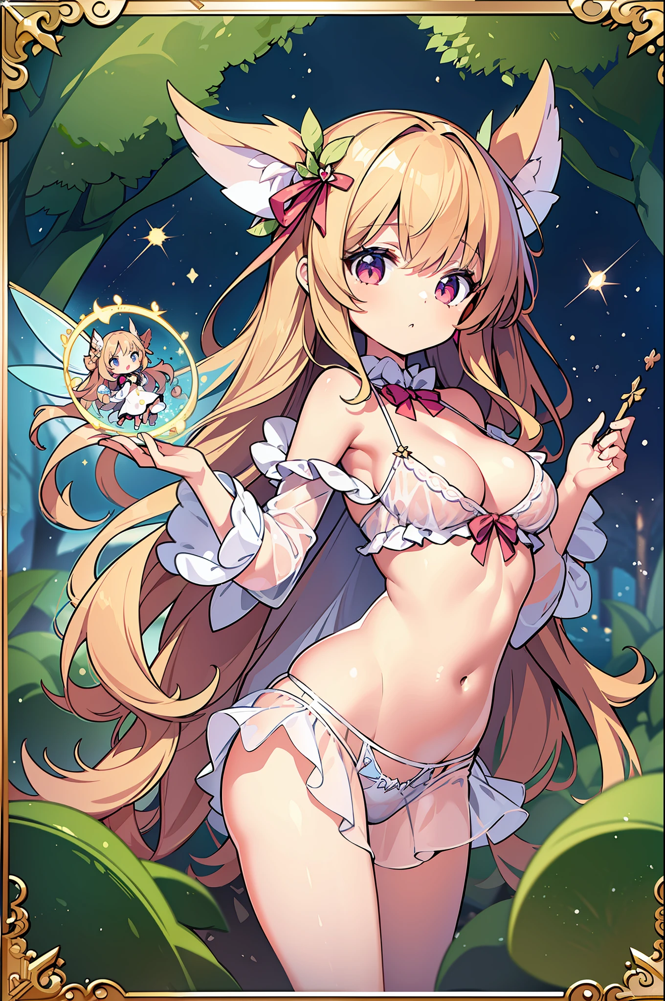 (MASTERPIECE), (Best Quality), (Ultra Detail), (Best Anatomy), Official Art, One Girl, Lori with Light Colored Hair, Petite Girl, Fairy Loli, See-Through Robes, Small Breasts, Cleavage, Off Shoulder, Underboob, Side, Thigh Focus, Navel Out, Card Illustration, Deep Forest Fountain
