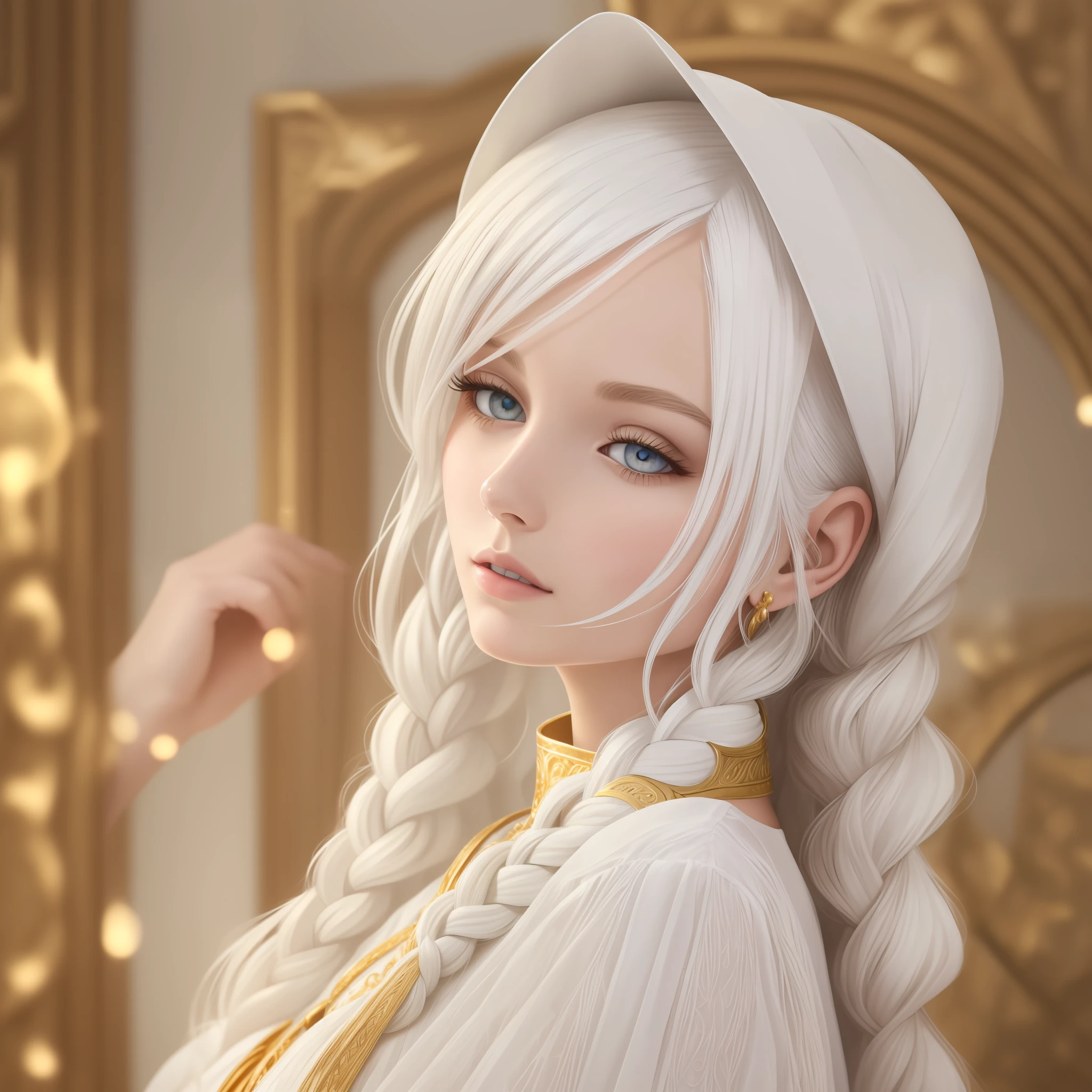 best quality, masterpiece,white hair, gold eyes,white clothes, looking up, upper body,hair strand,Fair skin,side braids