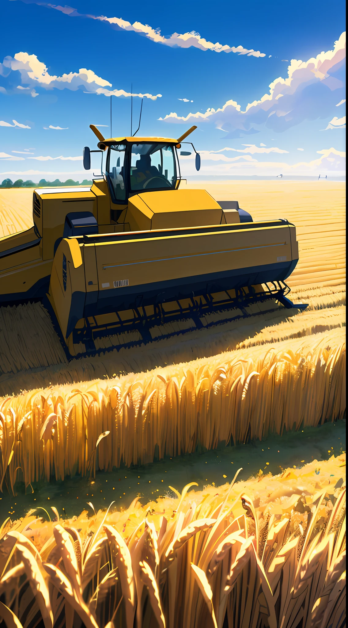 Masterpiece, best quality, (very detailed CG unified 8k wallpaper) (best quality), (best illustration), (best shadow) naturally harvested wheat, super detailed, harvester, big machinery, white clouds, blue sky, (no humans: 1.6) --v6