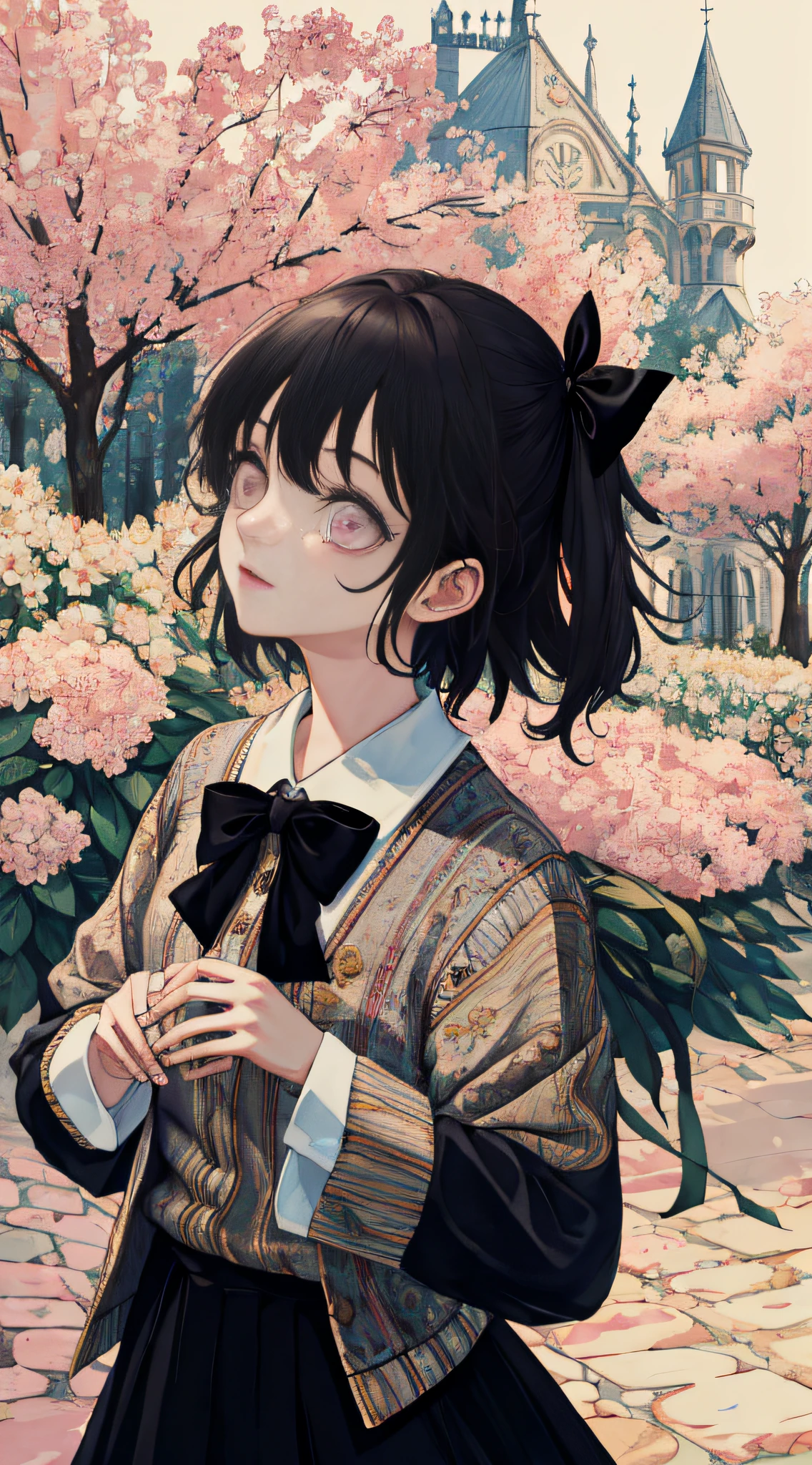 highres, absurdity, (masterpiece, best quality:1.3),1girl, masterpiece, two side up, black hair, pink eyes, ribbon, adorable,