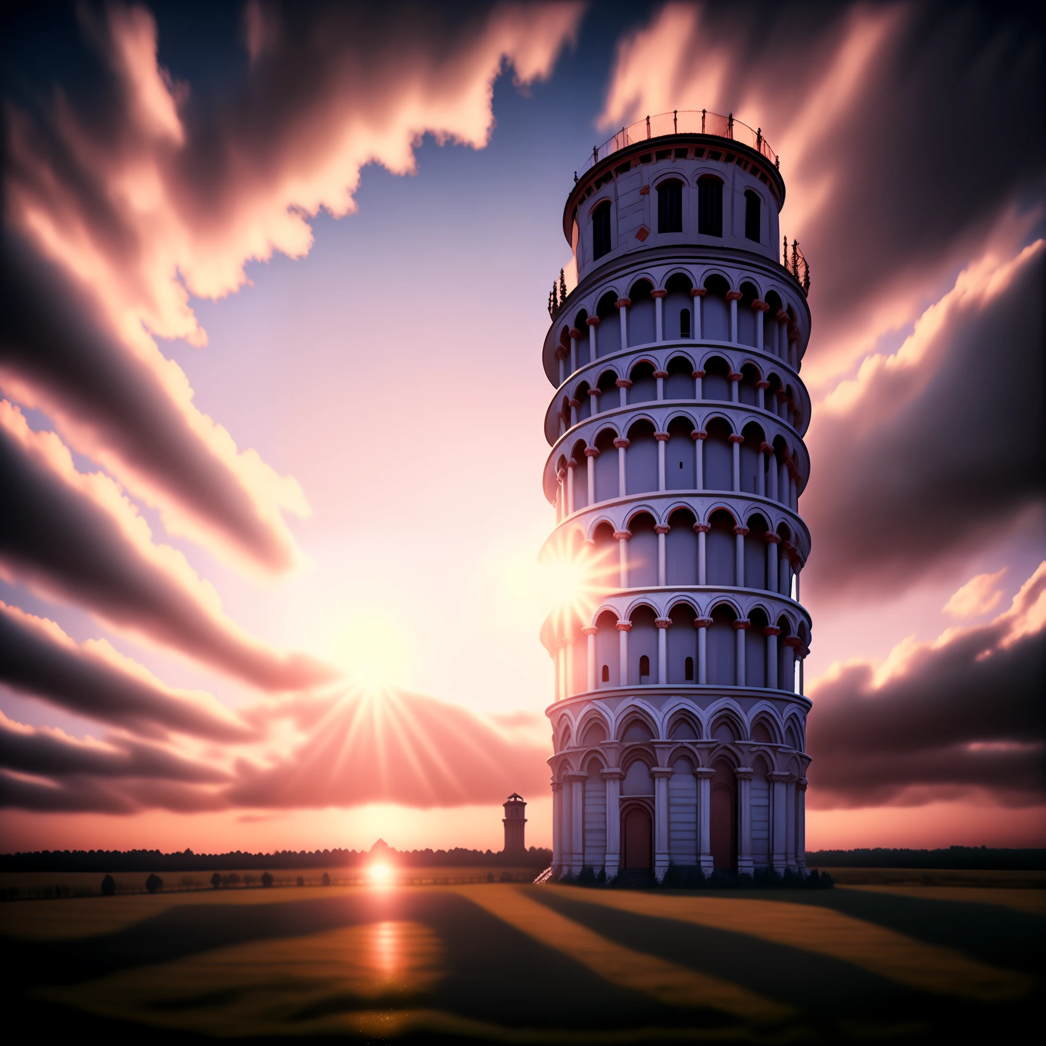 "Tower of Pisa in an upright position, with the sunset as the backdrop – a masterpiece of the highest quality with soft lighting and ultra-realistic detailing that captures the floating beauty of the scene – wide view, creating an impressive and serena.@ atmosphere"