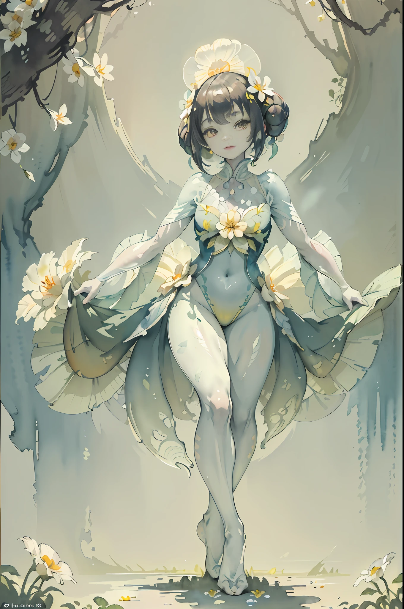 (the best quality,the masterpiece),(portrait of the creature of spring),(in the foreground, the female humanoid creature),(the background is painted with colorful flowers),(displaying a graceful dance posture),(the contrast of shadows and light reveals the delicate texture),(the glow of sunlight envelops the entire scene),(watercolor style filter) whole body