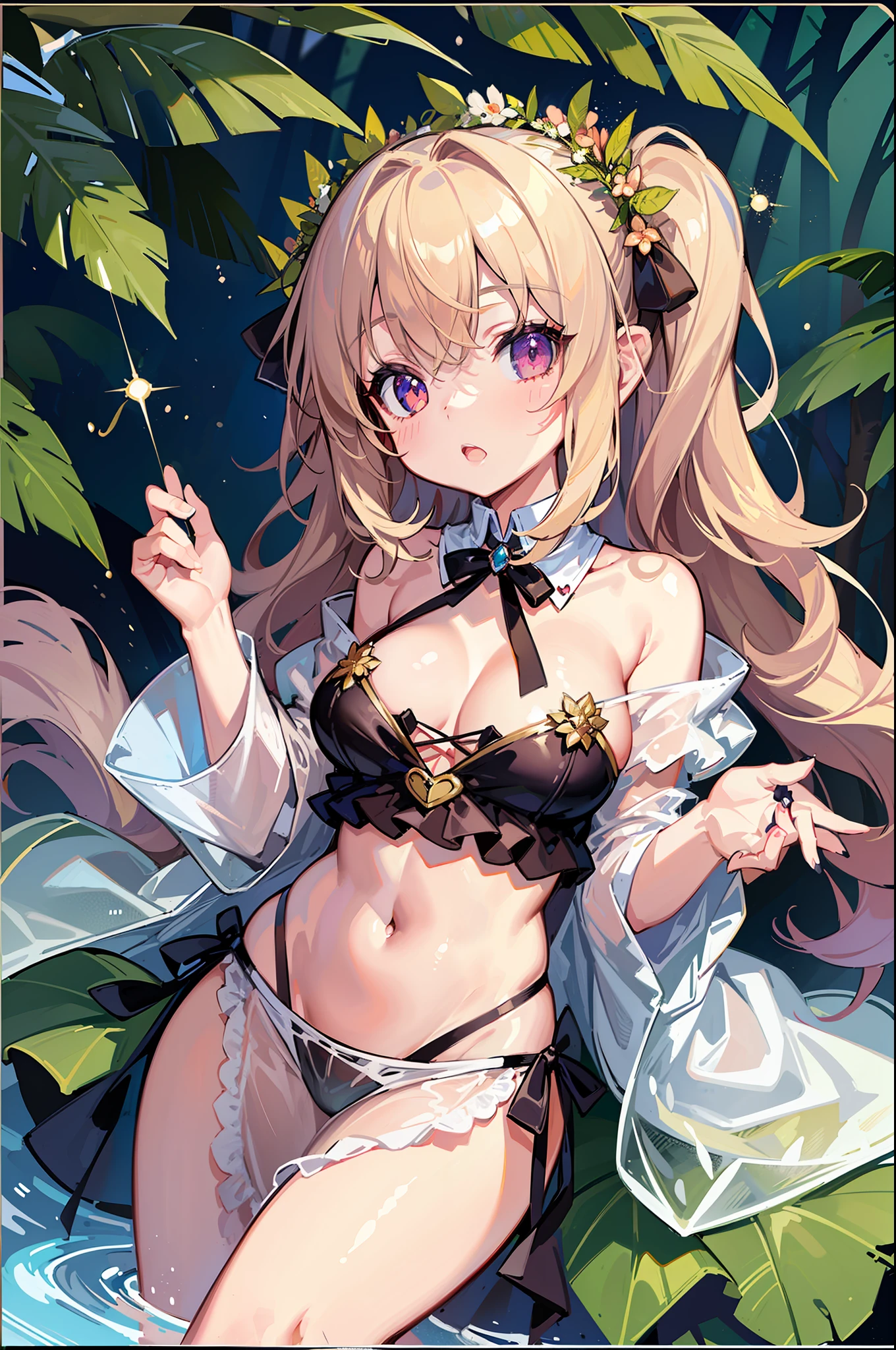 (MASTERPIECE), (Best Quality), (Ultra Detail), (Best Anatomy), Official Art, One Girl, Lori with Light Colored Hair, Petite , Fairy Loli, See-Tgh Robes, Small Breasts, Cleavage, Off Shoulder, Underboob, Side, Thigh Focus, Navel Out, Card Illustration, Deep Forest Fountain