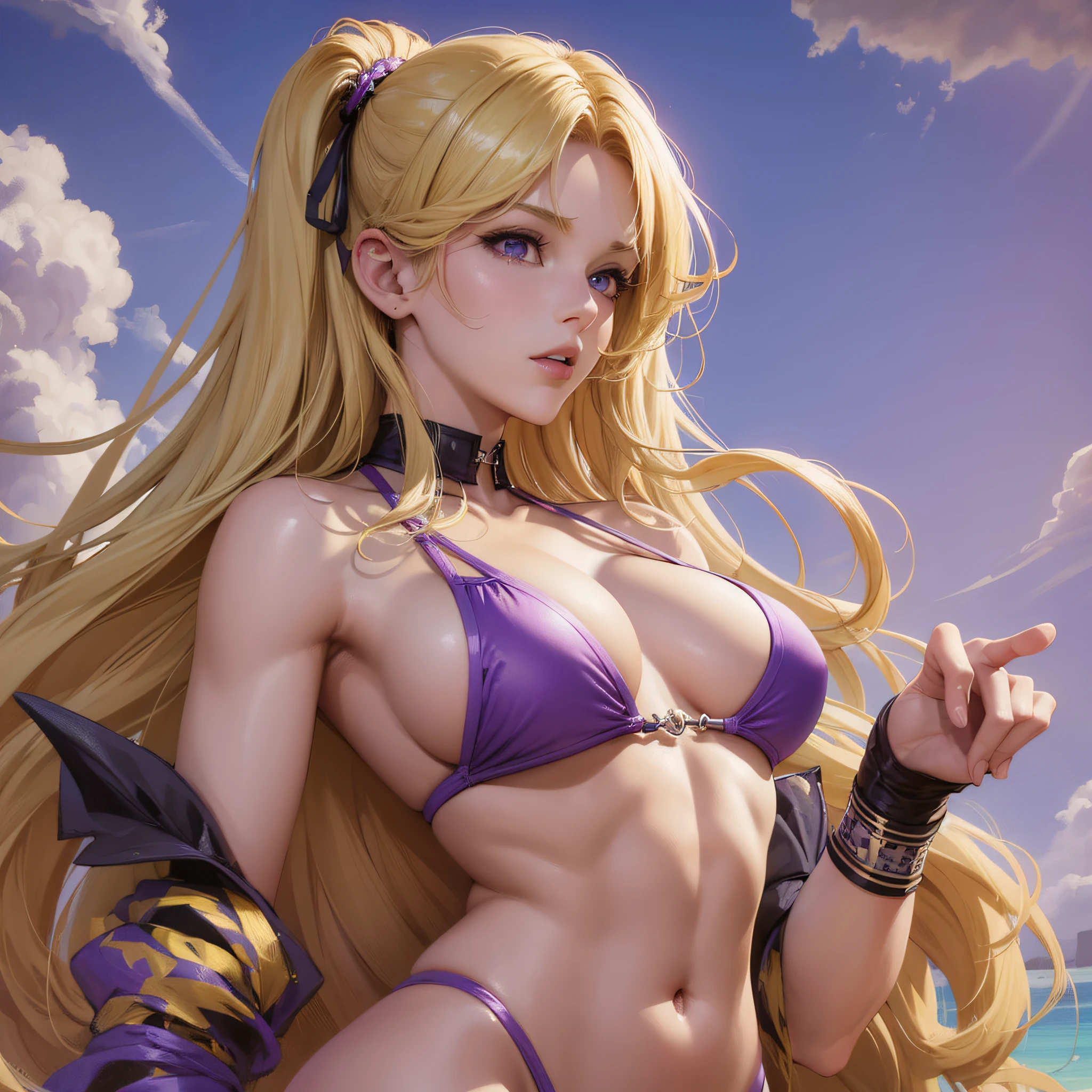 Two-dimensional bikini, blonde hair, purple eyes, big belly, fine lines of abs and muscles, full breasts and cleavage, based on the inspiration of Stable Diffusion, create a high-quality CG illustration with a very rhythmic beauty. --auto --s2