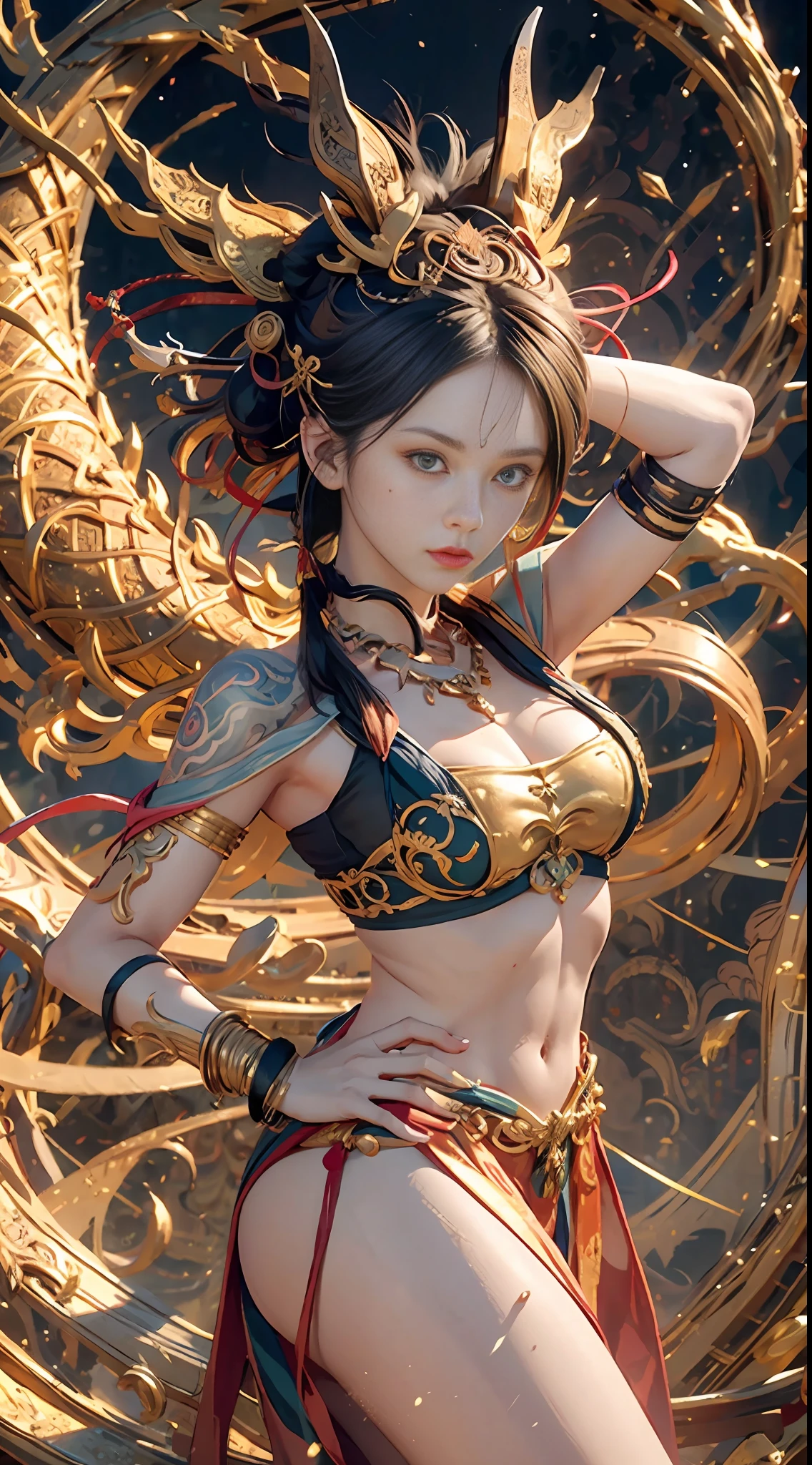 One Girl, There is a dragon behind him, Dunhuang style, Surrealism, Hyperrealism, Suprematism, Classicism, UHD, retina, masterpiece, ccurate, textured skin, anatomically correct, super detail, high details, high quality, 1080P, highres, best quality, award winning, 16k, 8k, 4K, HD