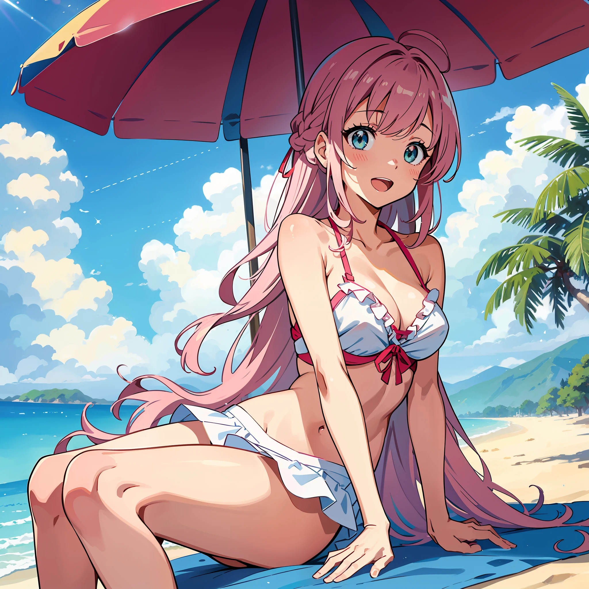 Anime illustrations in the style of "Kyoto Animation", highest quality, (cute: 1.1), (cute), (high resolution: 1.2), incredibly ridiculous: 1.3, incredibly fine illustrations, break 1 beautiful girl, Solo, (heterochromia, light blue eyes and light green eyes), silhouette of star eyes, solo, standing figure, happy, :d, princess eyes, , break, braid, light pink hair, semi-long hair, red ribbon at the end of braid, break, Pink ruffled bikini, sandy beach, sea, parasol, lying on leisure sheet, sunny