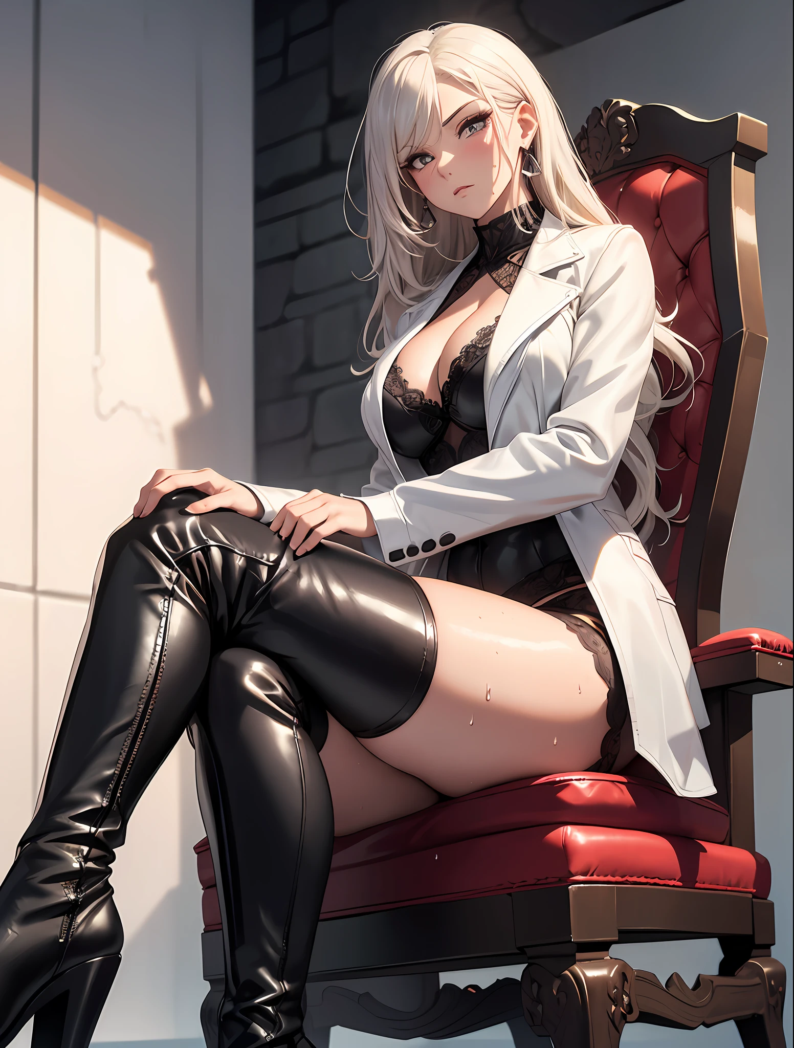8k, HDR, RTX, Best Quality, Masterpiece, Absurdity, Beautiful Muscular Mature and Mysterious Woman, Masterpiece, (Colossal, Wet Body, Presence, Attractive Face, Big Eyelashes , Glossy Skin, 20 Years Old, Blush, Sexy) Earrings, Background Blurred, Professional Lighting, Cleavage, White Leather Jacket, White Shirt, Black Skirt on Top, black boots, black high boots, high heel boots, long legs, sitting on a chair with legs crossed, white lace panties, light wavy hair, from below,