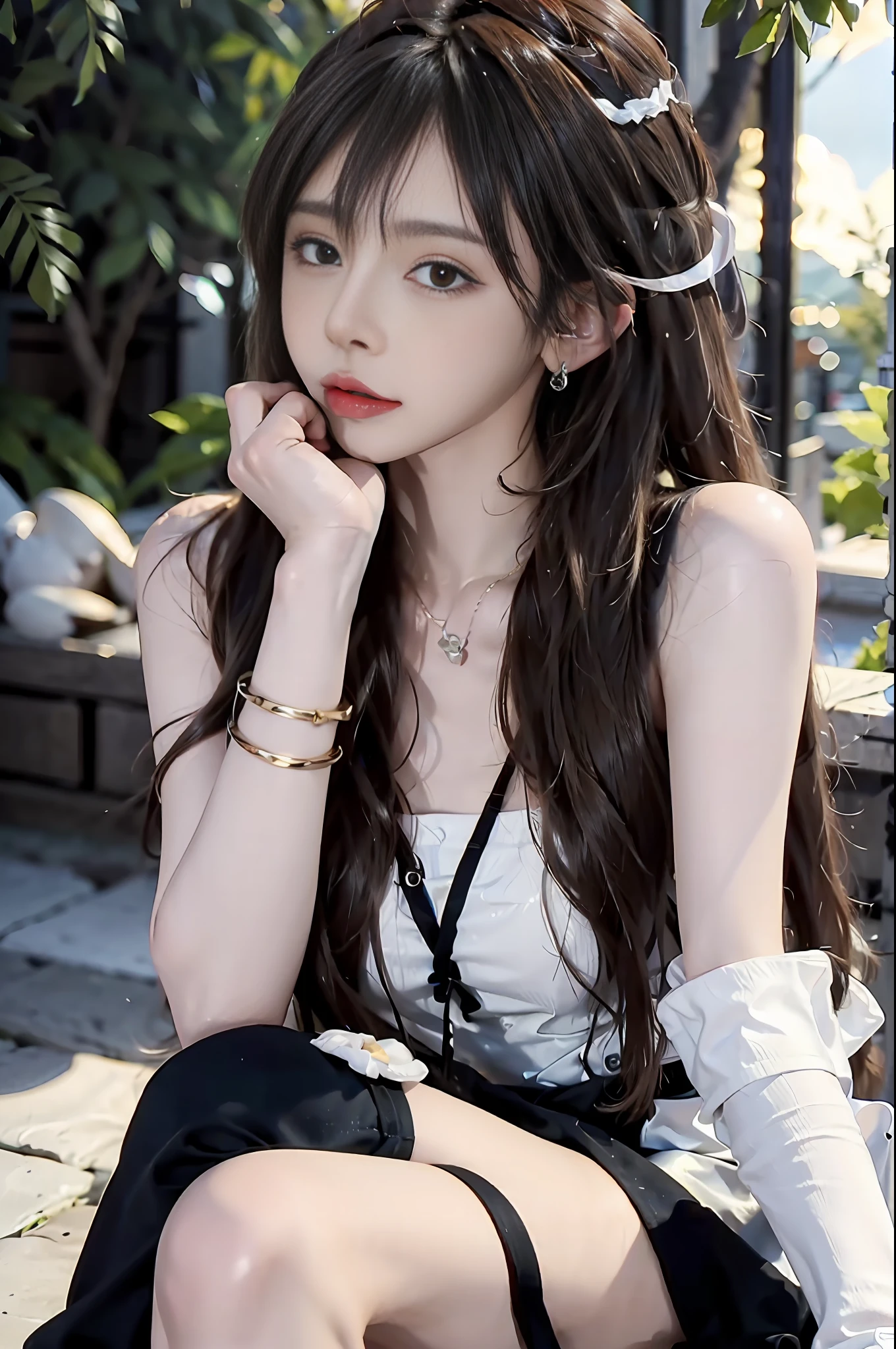 (photorealistic:1.4), 2girls, 
jewelry, looking at viewer, 
long hair, blurry, cheek-to-cheek, black stockings
simple background,  earrings, 
mole, necklace, lips, hair ribbon, ribbon, bangs, 
black eyes, realistic, brown eyes, outdoors,