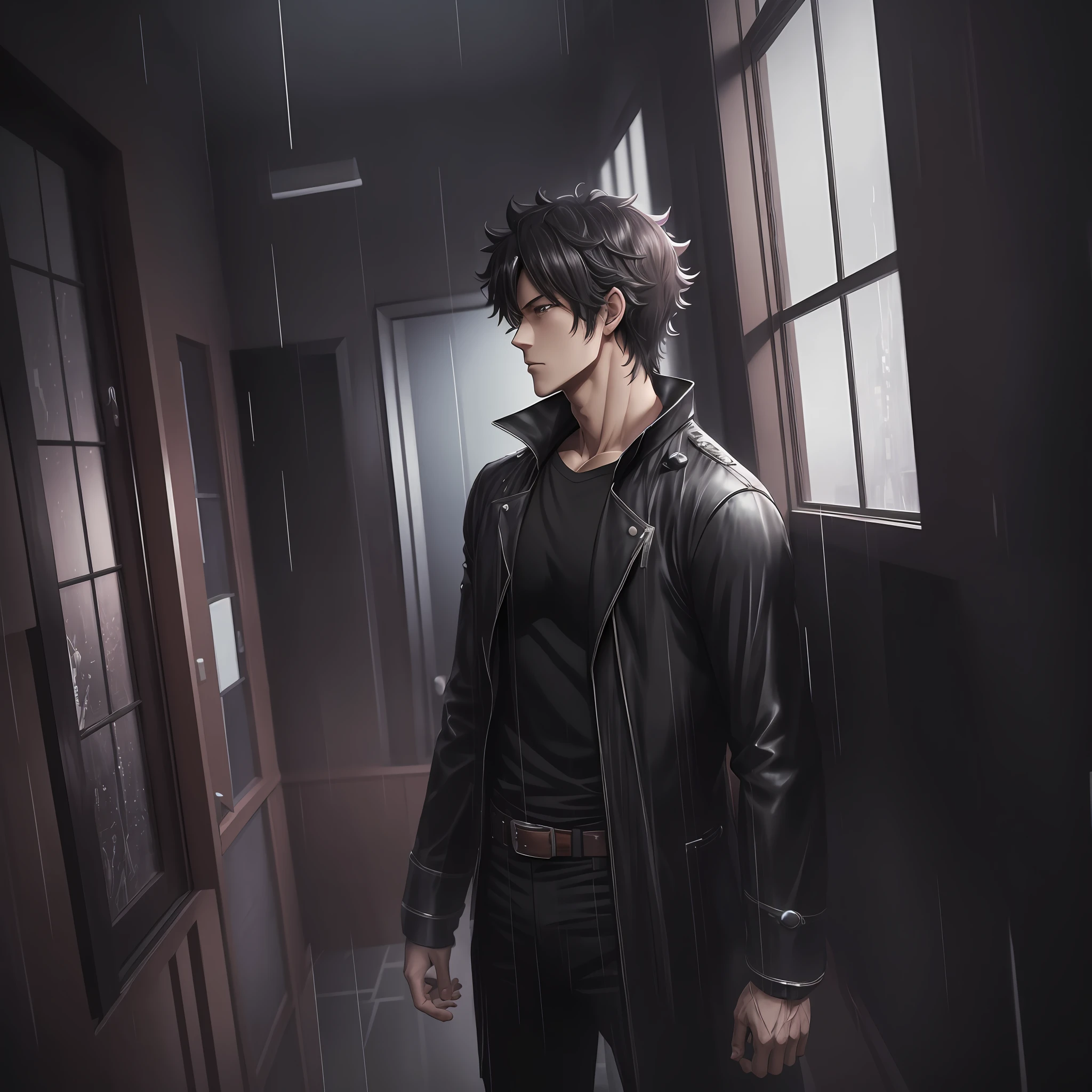 3D, inside the city room, heavy rainy weather, 4K manga wallpaper, 4K anime wallpaper, anime concept HDR anime McManus, anime handsome guys, anime beauties, inspired by Masanobu Okumura, handsome guys in demon killer art, anime realism style, anime art wallpaper 4k, anime art wallpaper 4k --auto --s2