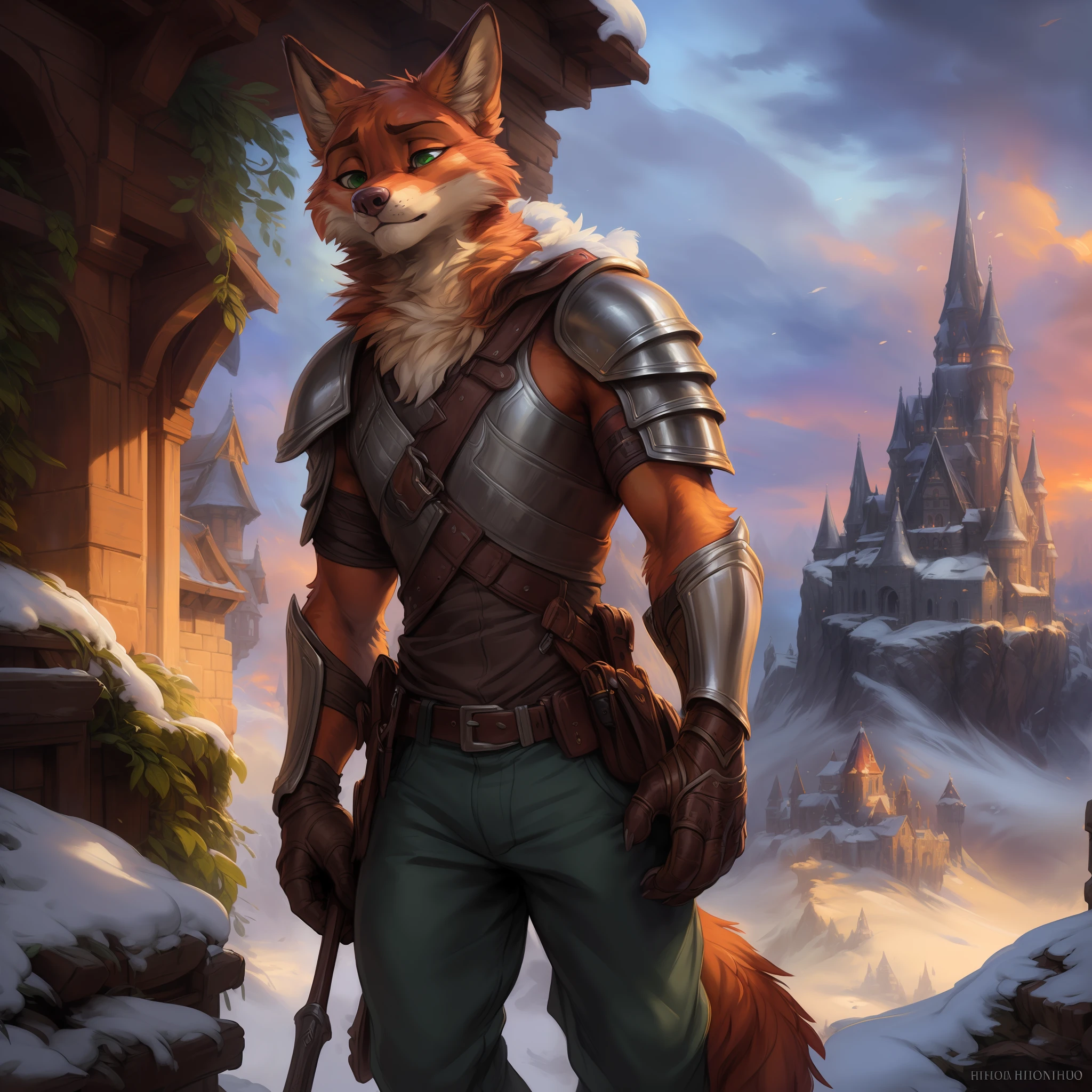 (by hioshiru and kenket and dimwitdog, Michael &amp; Inessa Garmash, Bonifasko, Ross Tran, Ruan Jia, Pino Daeni, Chunie), 8k, photorealistic, highly detailed, unreal engine 5, absurd resolution, full-size shot of Nick Wilde as a paladin, Zootopia face style, standing straight, young adult, sharp ears, green eyes, eyes opened, serious expression, agressive look, (muscular:0.7), snowy castle on the background, solo, alone, medieval pants, silver mail, cinematic lighting, epic, foxovh