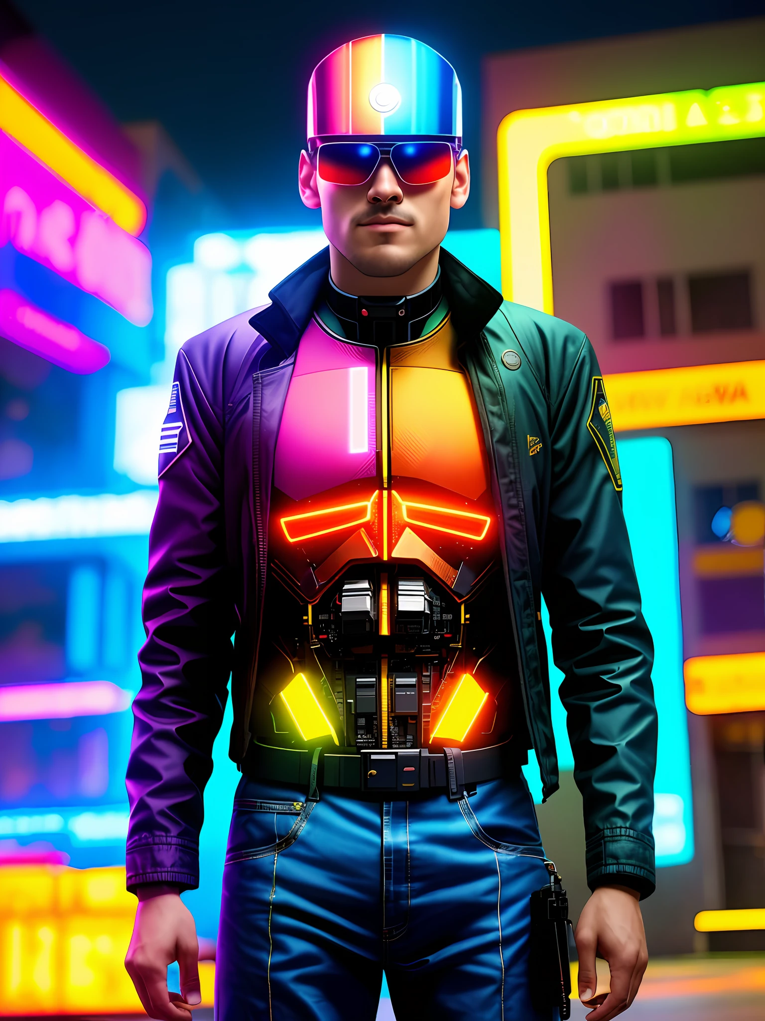 An award-winning masterpiece photo of a cyborg man with forward body with psychedelic colors standing on a city street at night in the rain, wearing neon-colored bright glasses, 8k, (high quality: 1.1), (cinematic feel: 1.1), dark and deep shadows, incredibly intricate detailing, art, (up close: 1.1), from above, looking at the observer,  (bright: 1.1), (chromatic aberration,: 1.2) background with floating light artifacts