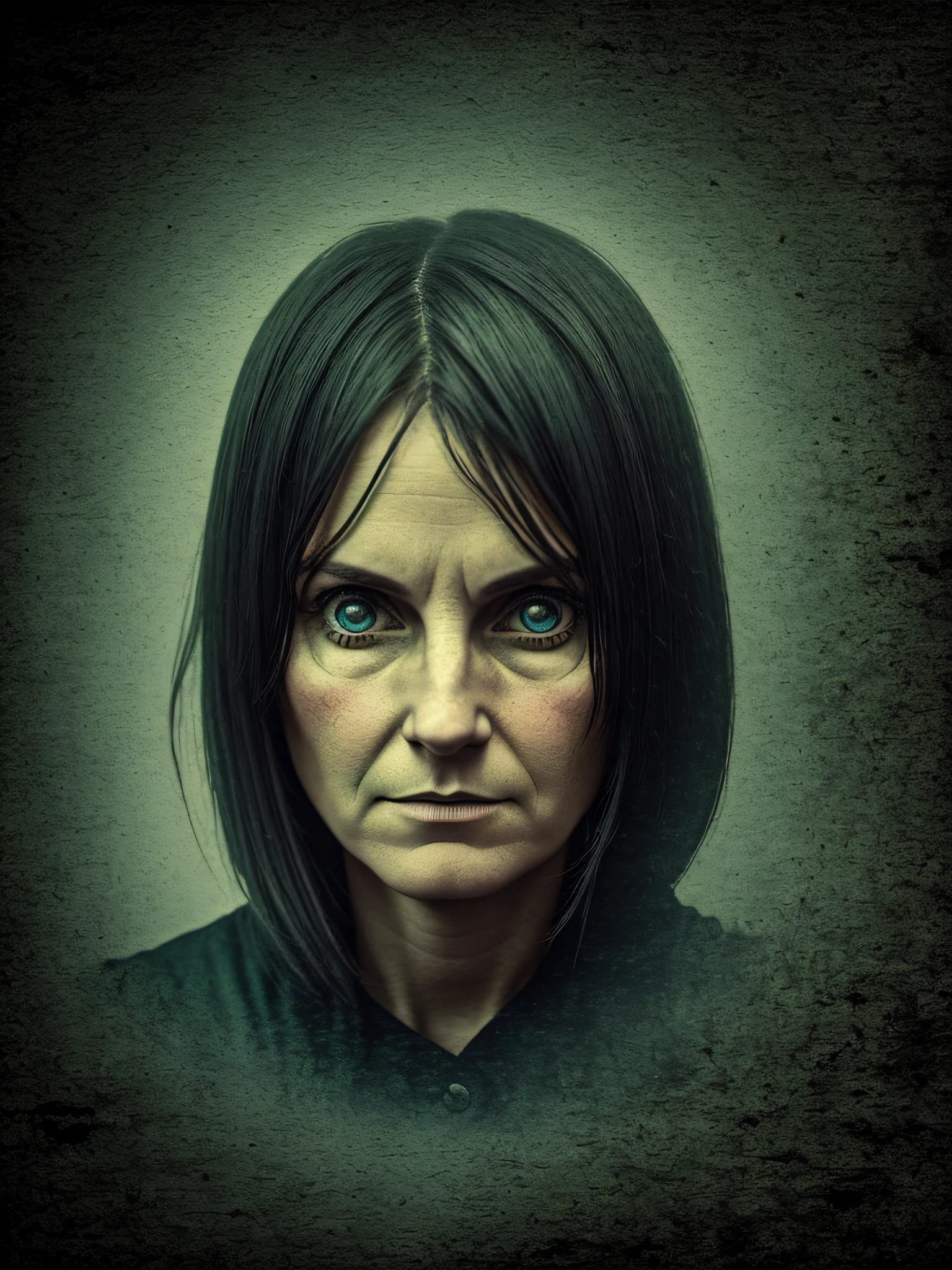 Tobogan, creepy 30-40 year old woman of all, is watching you, chilling, from the dark, very dark, cinematic, faded colors, dark background background, soft colors, grainy, lut, scary