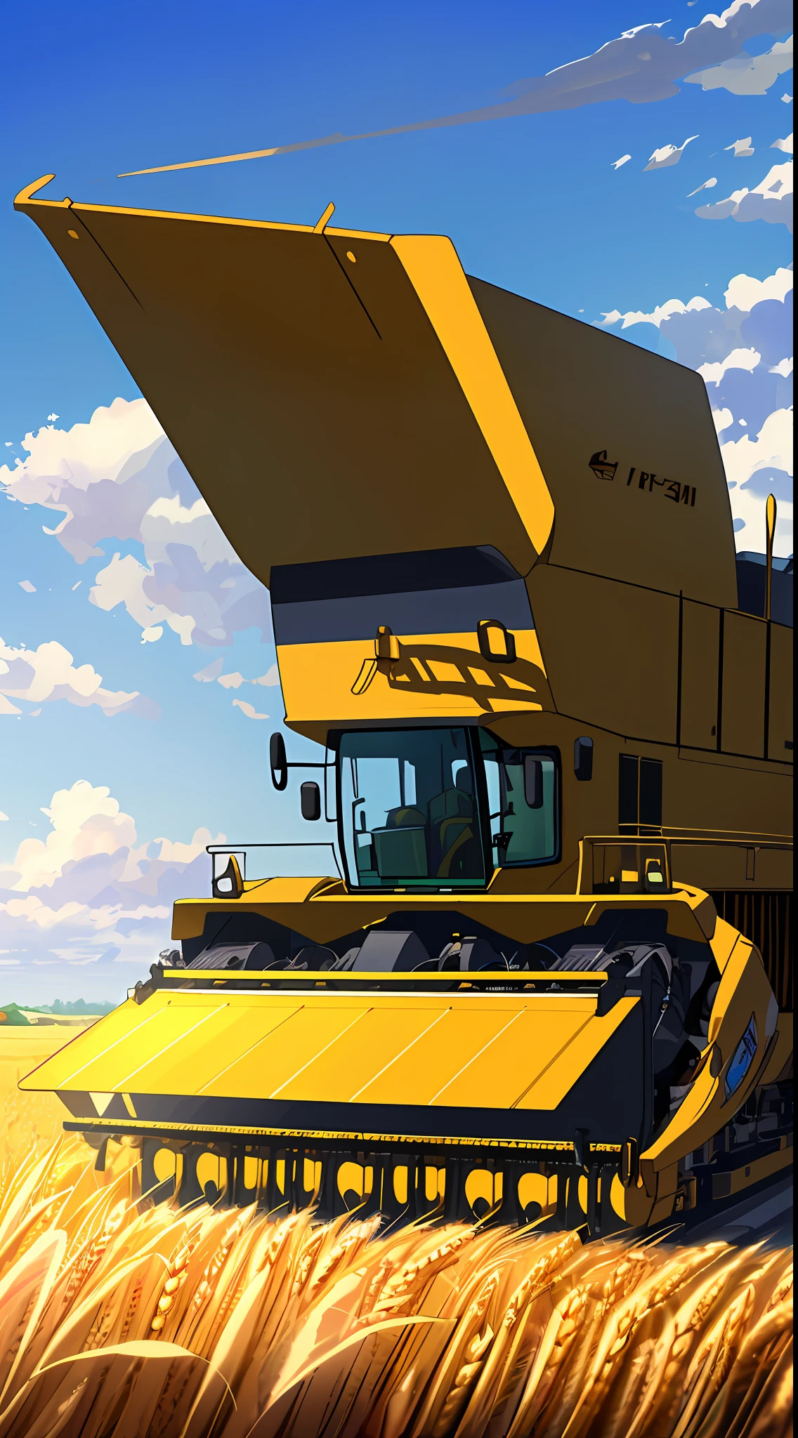 Masterpiece, best quality, (very detailed CG unified 8k wallpaper) (best quality), (best illustration), (best shadow) naturally harvested wheat, super detailed, harvester, big machinery, white clouds, blue sky, (no humans: 1.6) --v6