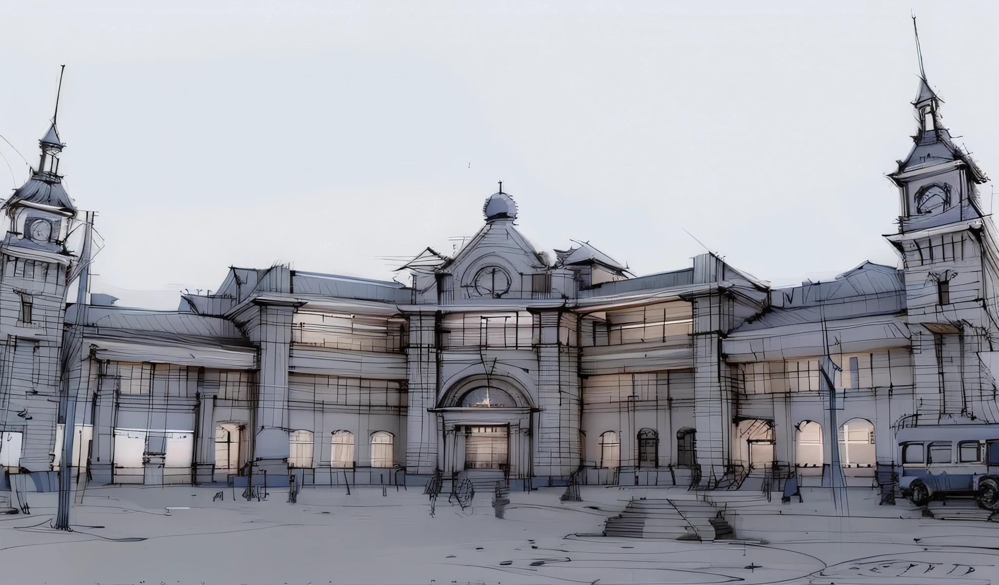 sketch, sketch, pen_sketch_style, Belorussky railway station, the photo shows the station, the building, beautiful high resolution, the exterior of a huge beautiful station