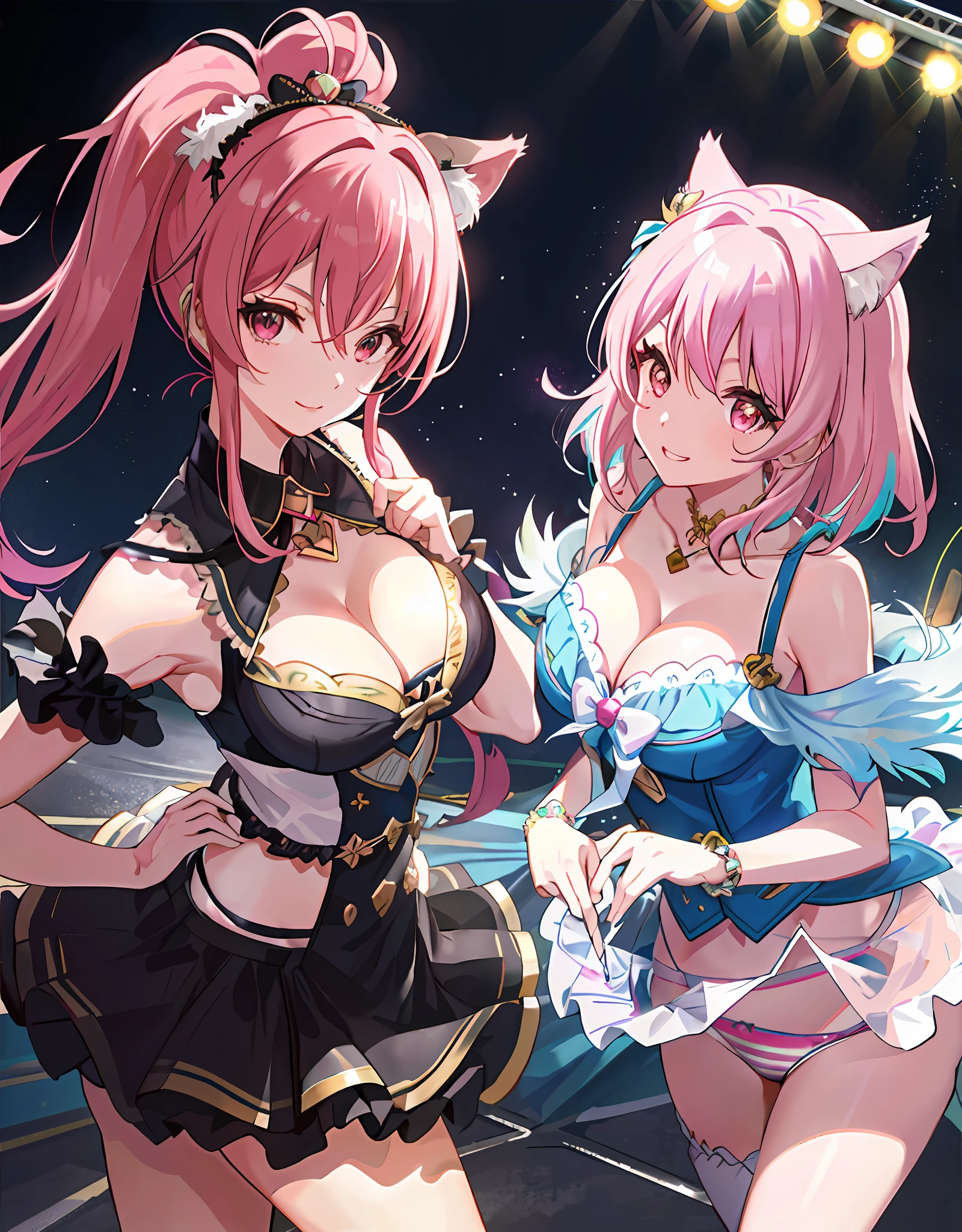 Dynamic Angle, 8k, Thick 5, Upper Body, 2 Girls, Smile, Wolf Ears, Wolf Tail, Pink Eyes, Hair Between the Eyes, Striped Hair, Striped Hair, (Colorful Hair Color: 1))))), (Random Hair Color: 1))), Variegated Hairstyles: 1, D Cup, Cleavage, Noble, Mini Ruffled Dress, Love Live Costume, Idolmaster Costume, Jewels, (( (on the stage of a large bus trailer))), best live, professional lighting, concerts, guerrilla live, get the city of Shibuya in the background, a lot of customers, ((((Panchira, cute panties)))