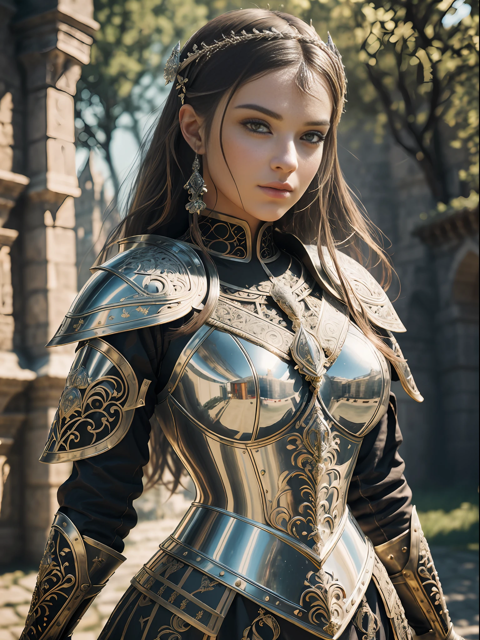 (masterpiece), (extremely intricate:1.3), (realistic), portrait of a girl, the most beautiful in the world, (medieval armor), metal reflections, upper body, outdoors, intense sunlight, far away castle, professional photograph of a stunning woman detailed, sharp focus, dramatic, award winning, cinematic lighting, octane render, unreal engine, volumetrics dtx