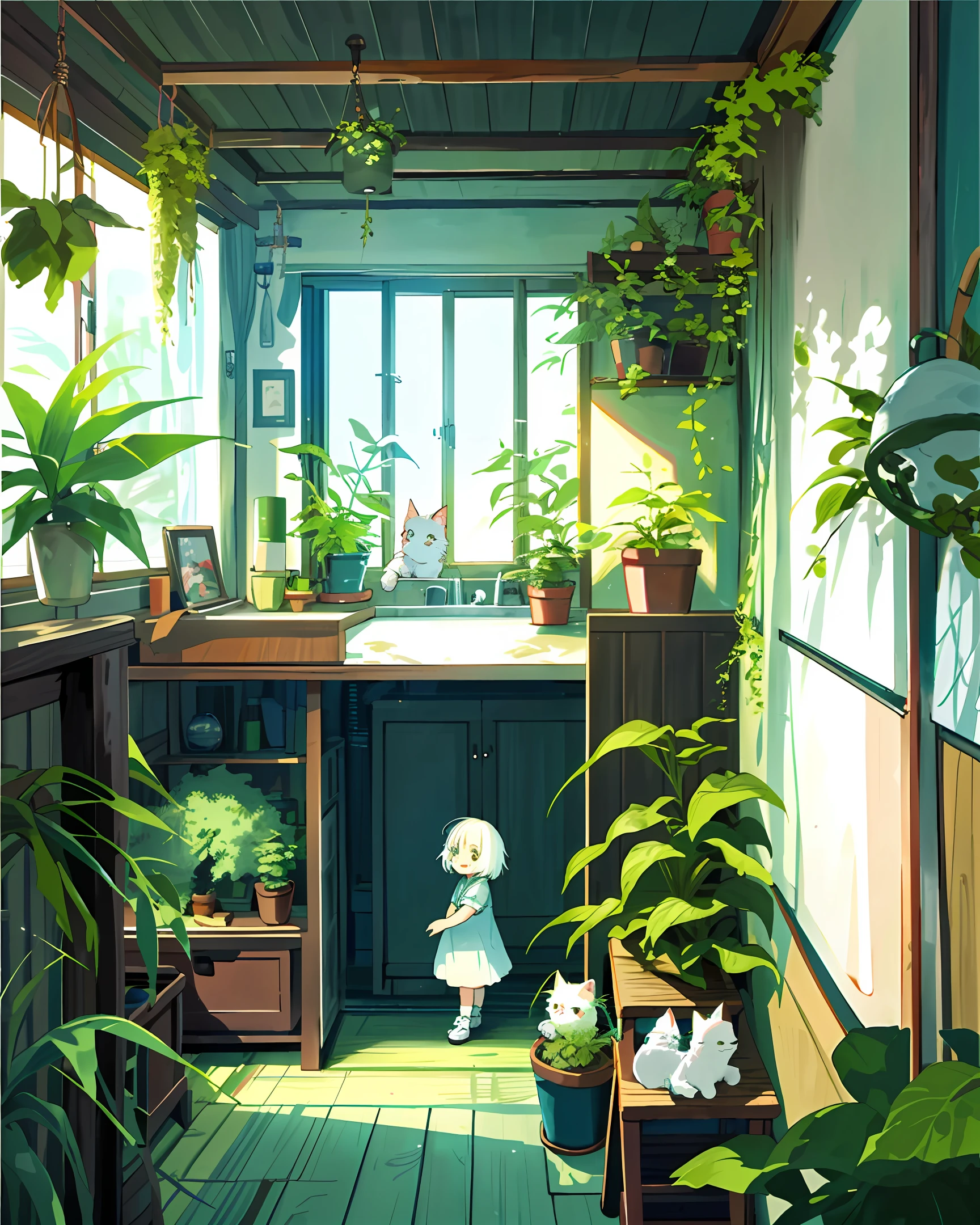 Cozy room with a cute little girl and a little white cat, the room is full of plants, Miyazaki style