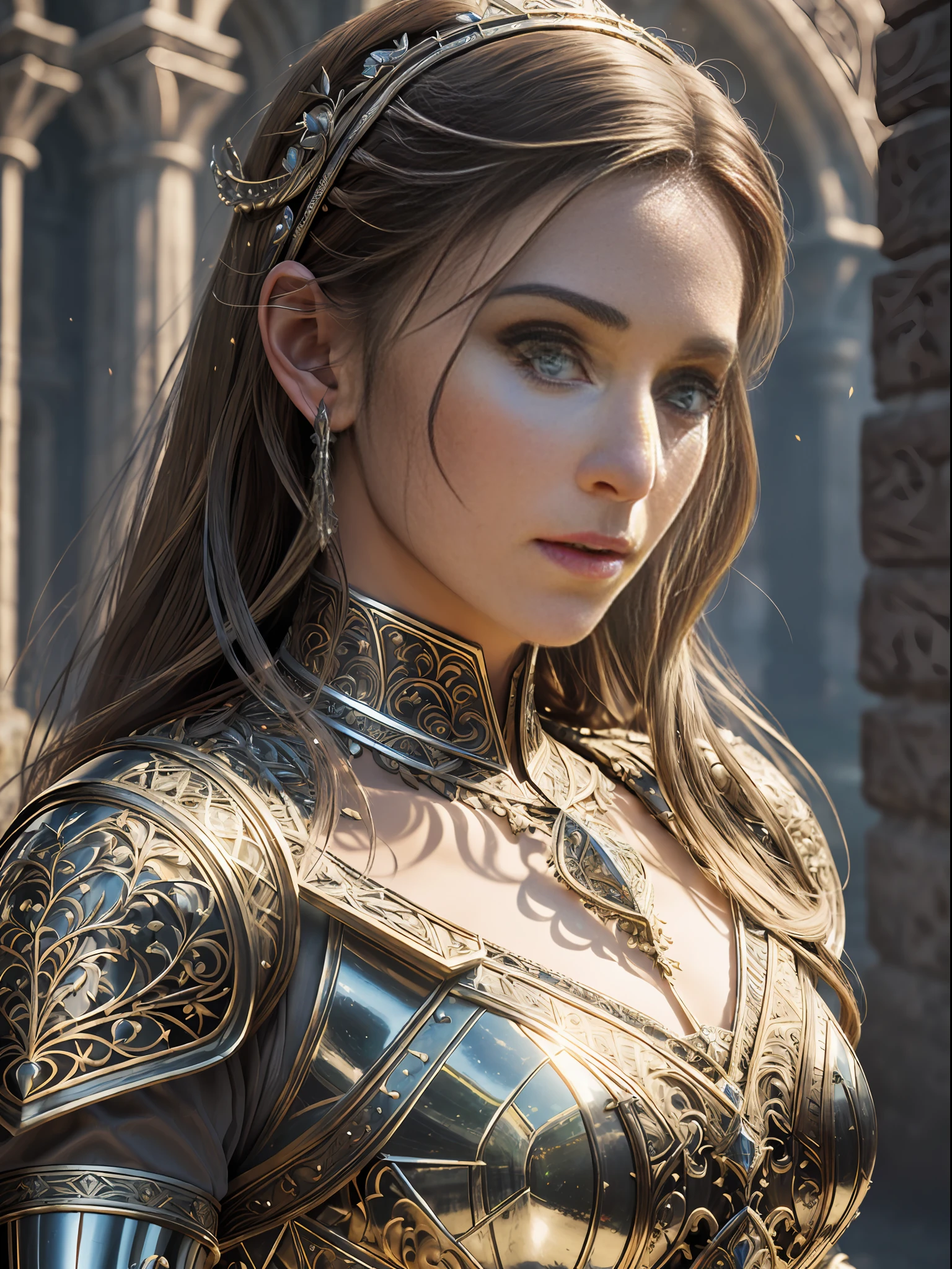 (masterpiece), (extremely intricate:1.3), (realistic), portrait of a girl, the most beautiful in the world, (medieval armor), metal reflections, upper body, outdoors, intense sunlight, far away castle, professional photograph of a stunning woman detailed, sharp focus, dramatic, award winning, cinematic lighting, octane render, unreal engine, volumetrics dtx