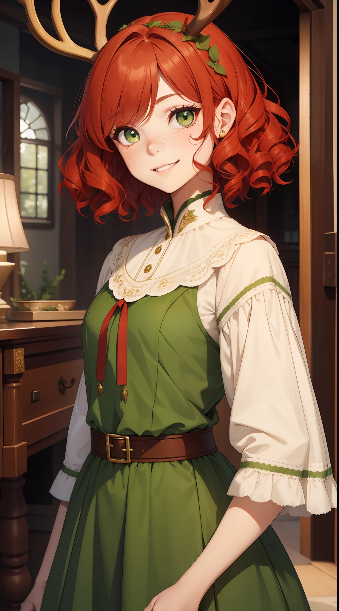Young girl, short red hair, curly hair, green eyes, freckles, deer antlers, old Russian dress, smile, masterpiece, high quality