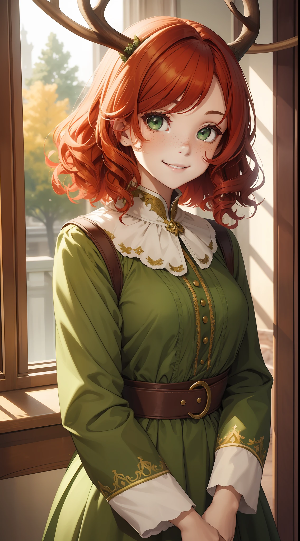 Young girl, short red hair, curly hair, green eyes, freckles, deer antlers, old Russian dress, smile, masterpiece, high quality