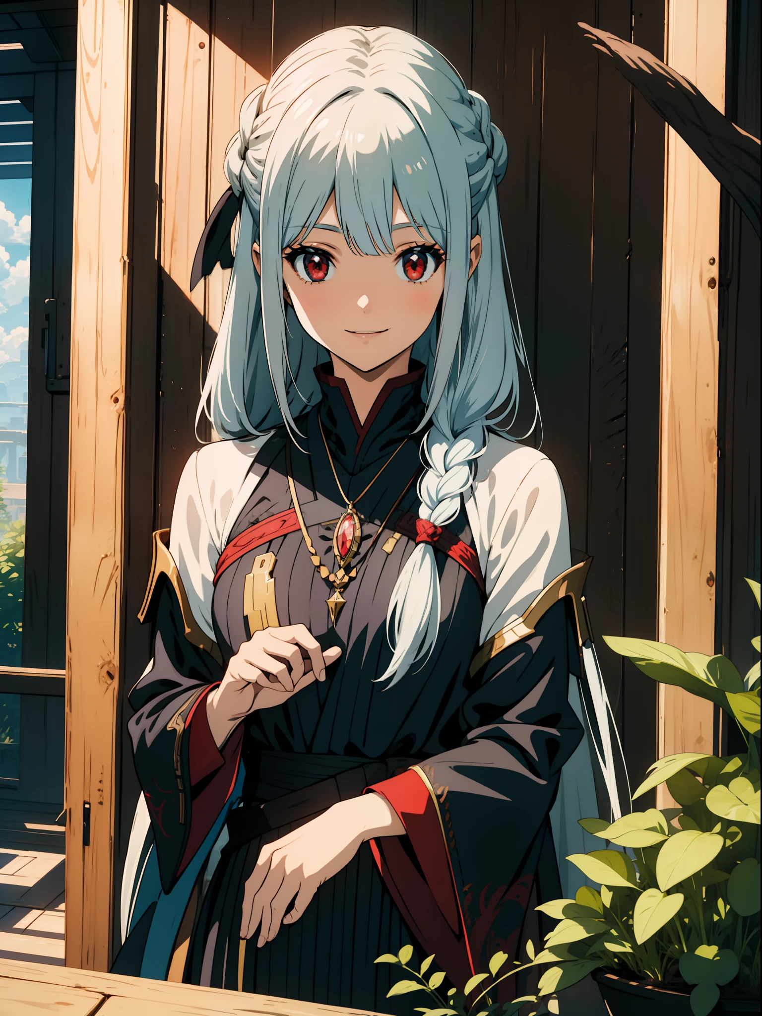 Close up of one girl, FF14, aura, silver hair, red eyes, braid, smiling, smiling, concept art, beautiful anime scene, beautiful anime scenery, best quality, 4K
