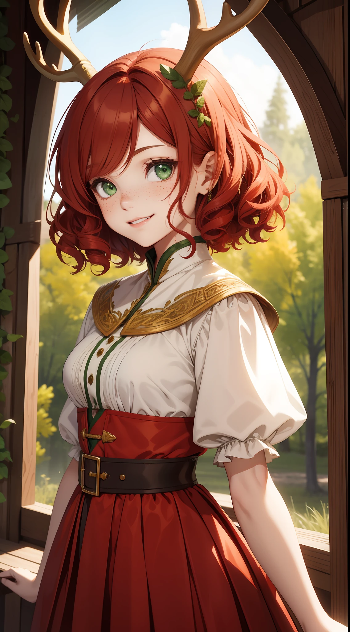 Young girl, short red hair, curly hair, green eyes, freckles, deer antlers, old Russian dress, smile, masterpiece, high quality