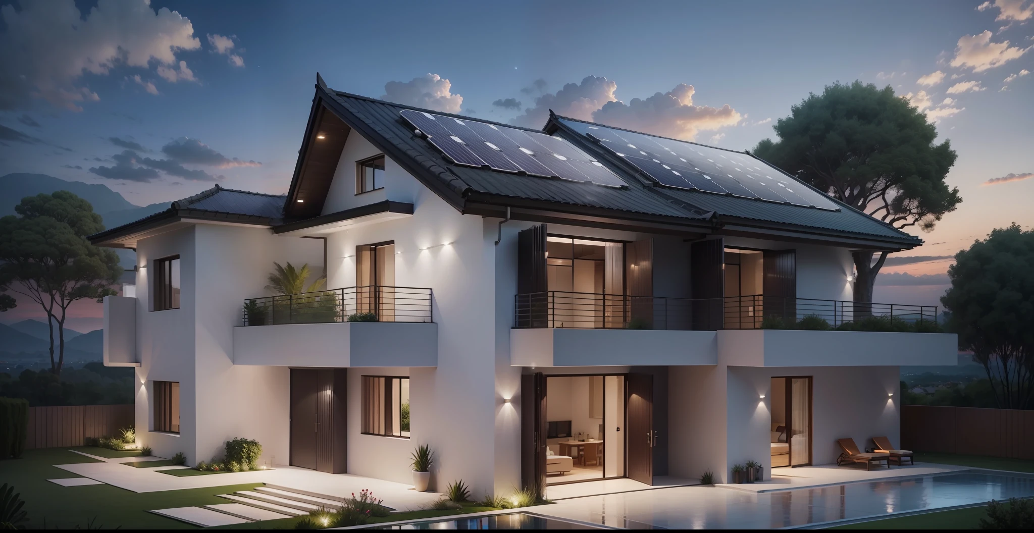 Masterpiece, top quality, three-storey villa with solar panels on the roof, modern style, clean sky, panorama, 25° view, evening, not too bright