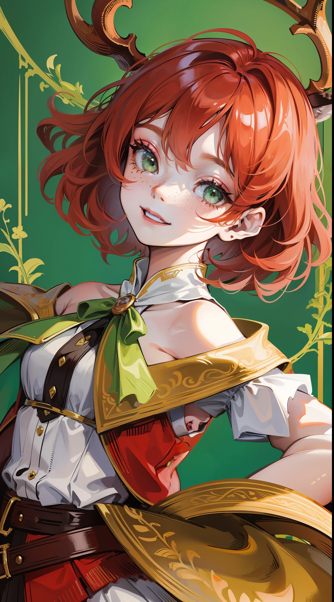 Young girl, short red hair, curly hair, green eyes, freckles, deer antlers, old Russian dress, smile, masterpiece, high quality