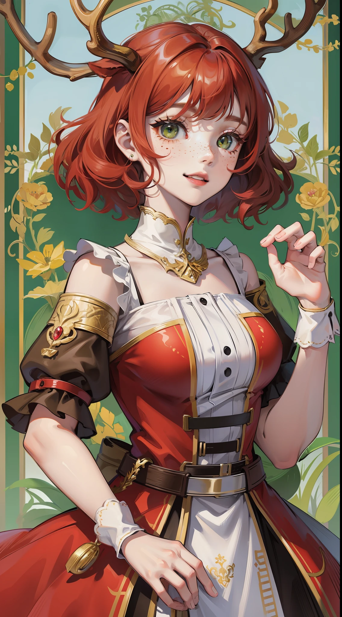 Young girl, short red hair, curly hair, green eyes, freckles, deer antlers, old Russian dress, smile, masterpiece, high quality