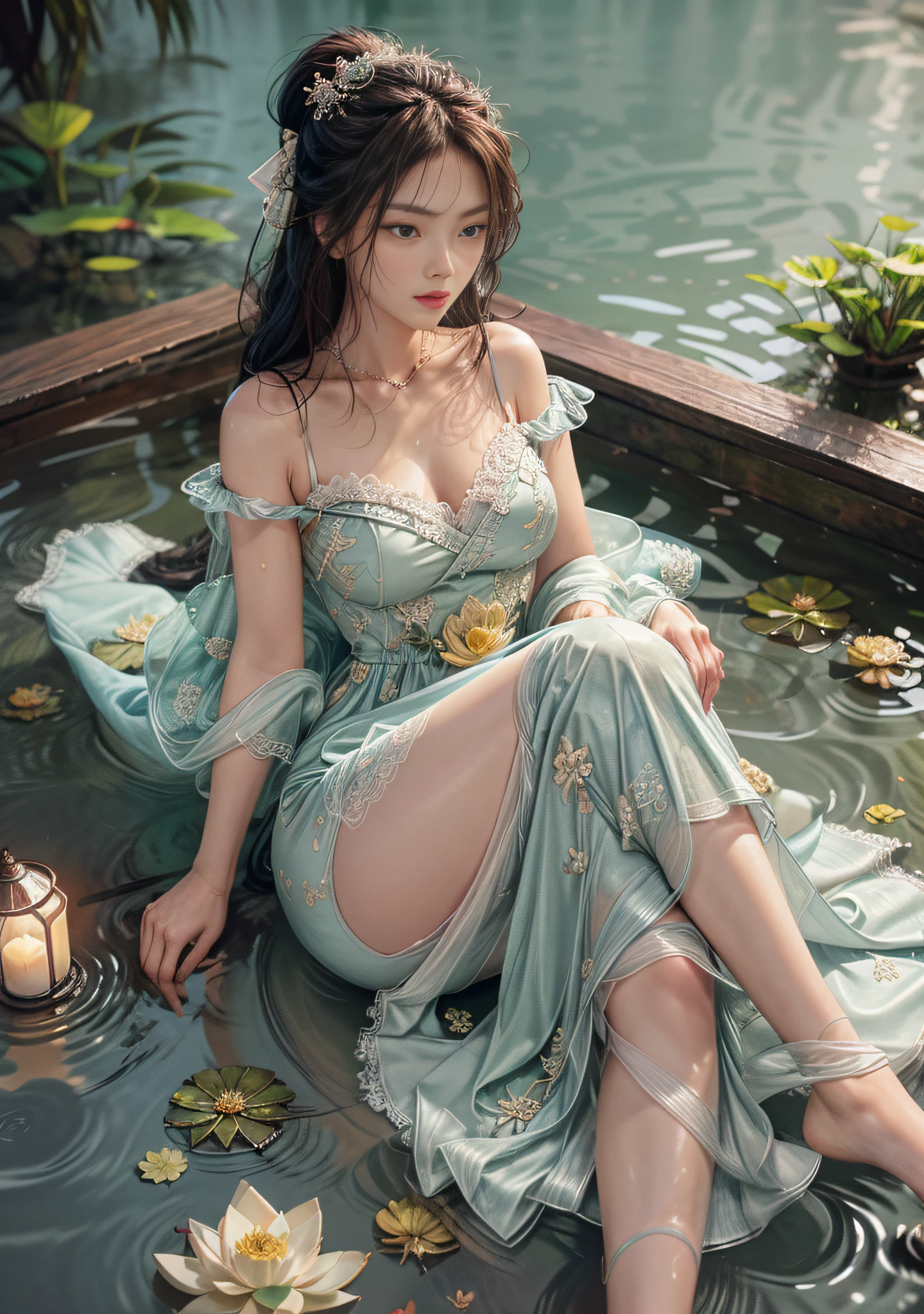Leaning on tall lotus lace, feet playing in the water, the art depicts a charming woman with a melon face, dressed in a flowing, silky traditional oriental dress, long, light yellow, decorated with intricate patterns and bright colors. Her dress drapes elegantly over her curvy figure, accentuating her seductive silhouette. She sits gracefully by the tranquil lotus lake, her feet playing in the water, bathed in the soft glow of the moonlight. The scene exudes an ethereal and dreamy atmosphere, with a touch of mystery and sexiness. The graphic style blends watercolor and digital illustration techniques to evoke a refined beauty and charm. The lights are filled with soft moonlight, casting soft highlights and shadows on her charming features. Bare thighs, big breasts, three-dimensional facial features, sitting, upturned legs, side braids