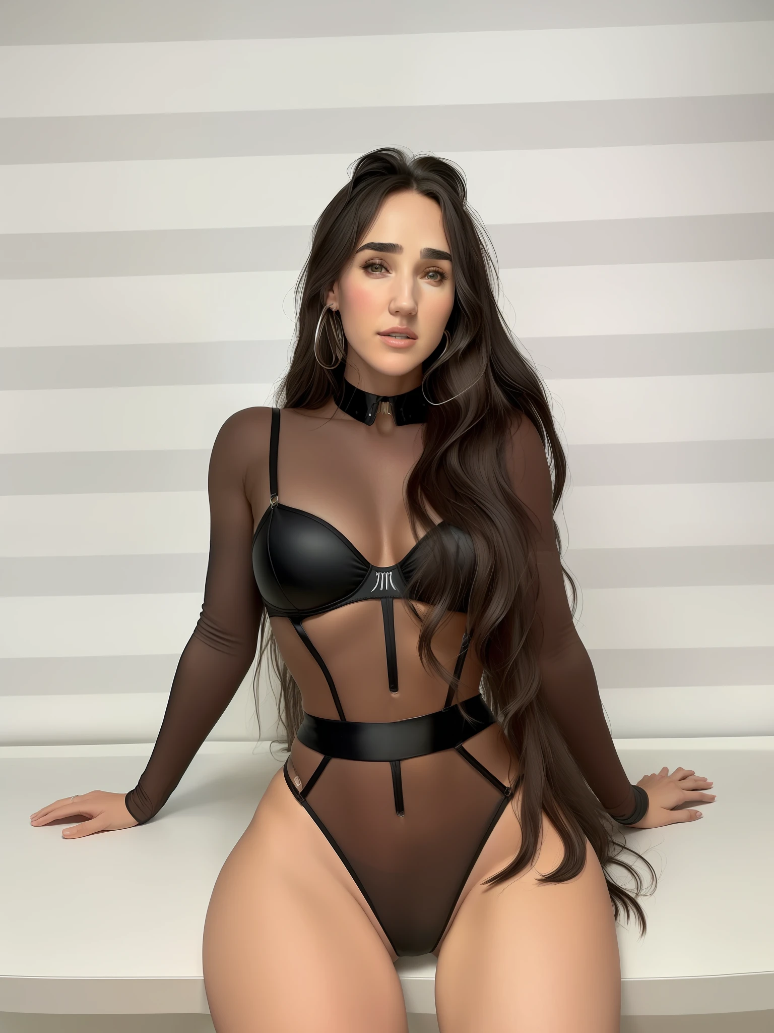 Jennifer Connelly, foto by (Jennifer Conelly:1.1), "(Masterpiece), ultra-detailed, best quality: uma modelo brasileira de 24 anos, petite, sexy e quente, vestindo spaceship comander suit, arms up, armpit, sci-fi, dramatic illumination