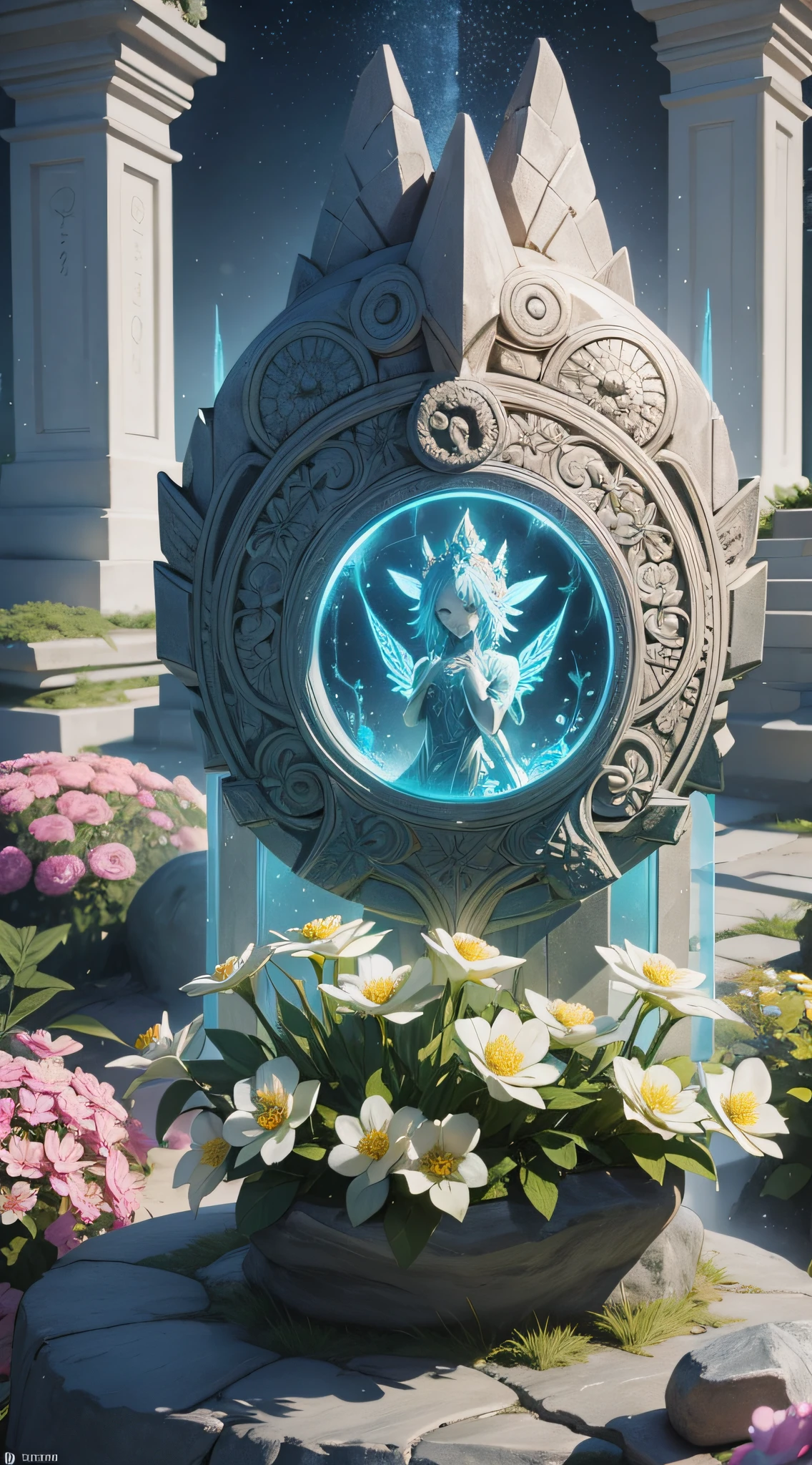 A luminous rune carved into a stone tablet, surrounded by flowers on the other side, intricately gorgeous anime CGI style, 4 K detail fantasy, high-detail iconic characters, beautiful biomechanics, complex fantasy characters, high detail and very sharp, intricate artwork. Octane rendering, 3 D rendering character art 8 K