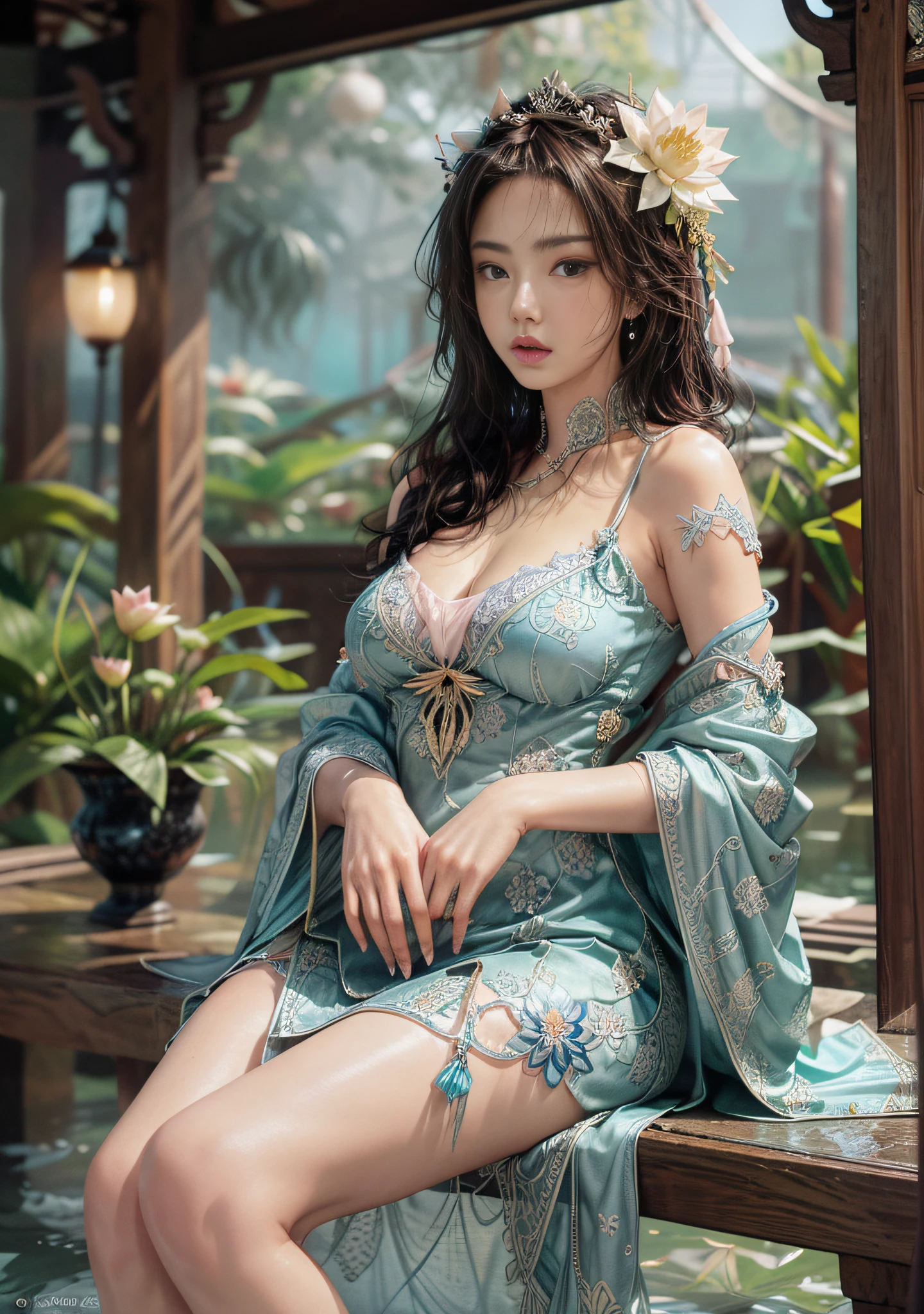 Sitting in a gazebo full of lotus flowers, the art depicts a charming woman with a melon-seed face, dressed in a flowing, silky traditional oriental dress, long, aqua blue, decorated with intricate patterns and bright colors. Her dress drapes elegantly over her curvy figure, accentuating her seductive silhouette. She sits gracefully by the tranquil lotus lake, her feet playing in the water, bathed in the soft glow of the moonlight. The scene exudes an ethereal and dreamy atmosphere, with a touch of mystery and sexiness. The graphic style blends watercolor and digital illustration techniques to evoke a refined beauty and charm. The lights are filled with soft moonlight, casting soft highlights and shadows on her charming features. Bare thighs, big breasts, three-dimensional facial features, sitting, upturned legs, side braids