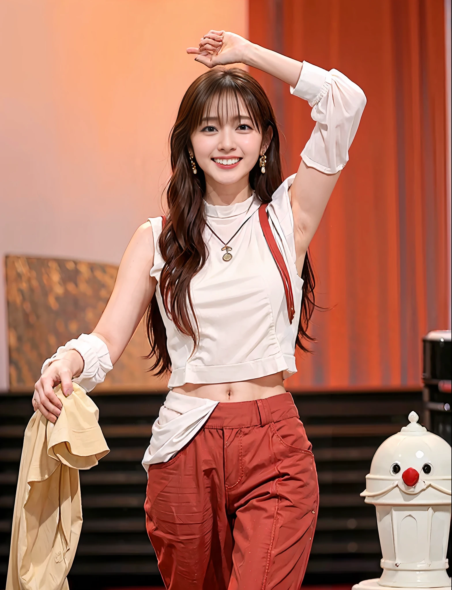 (best quality:1.4), (ultra highres:1.2), (photorealistic:1.4), (8k, RAW photo:1.2),(medium shot :1.4), (brown eyes), girl walking on the street, wearing ( red Thai Cotton Pants:1.3),(white top:1.2), (nice shoes),(natural light),(rim light)