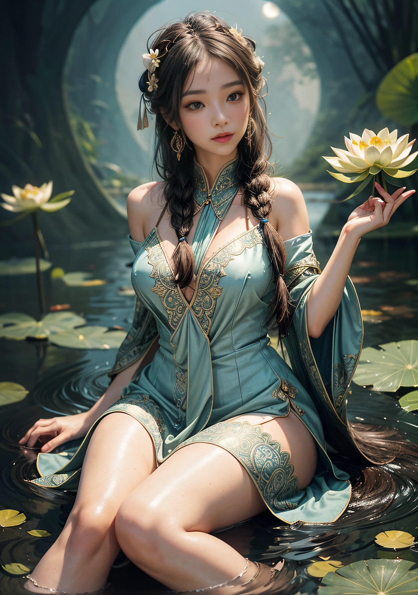 Sitting in a lotus pond full of blooming lotuses, feet playing in the water, oversized red carp in the air, art depicts a charming woman with a melon face, dressed in a flowing, silky traditional oriental dress, long, aqua blue, decorated with intricate patterns and bright colors. Her dress drapes elegantly over her curvy figure, accentuating her seductive silhouette. She sits gracefully by the tranquil lotus lake, her feet playing in the water, bathed in the soft glow of the moonlight. The scene exudes an ethereal and dreamy atmosphere, with a touch of mystery and sexiness. The graphic style blends watercolor and digital illustration techniques to evoke a refined beauty and charm. The lights are filled with soft moonlight, casting soft highlights and shadows on her charming features. Bare thighs, big breasts, three-dimensional facial features, sitting, upturned legs, side braids