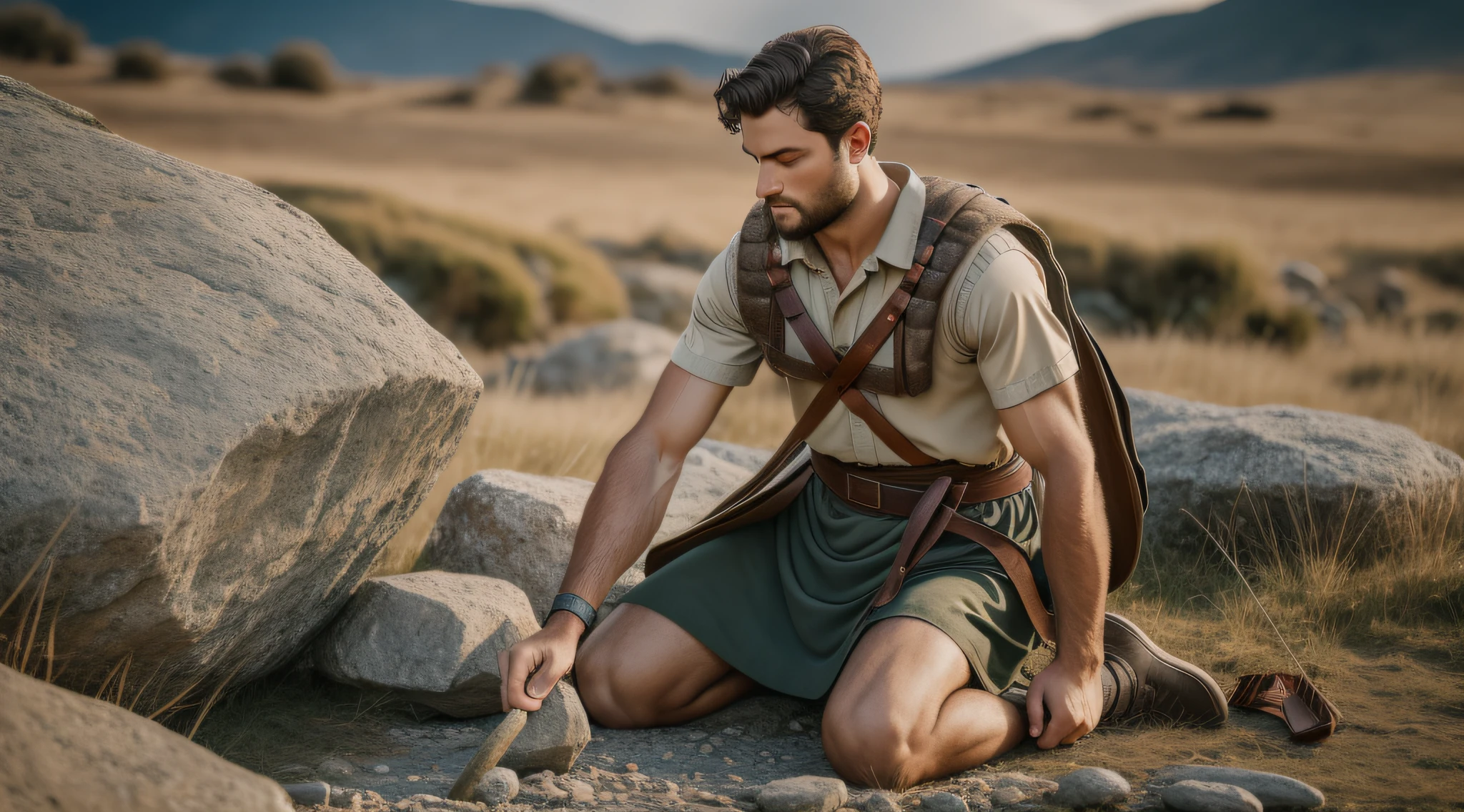 Young shepherd David positioning one of the stones in the sling, preparing for the confrontation with Goliath. RAW photo, small details, photorealistic, ultra-realistic photo, 8k uhd, dslr, soft lighting, high quality, grain film, Fujifilm XT3, (masterpiece: 3.1)