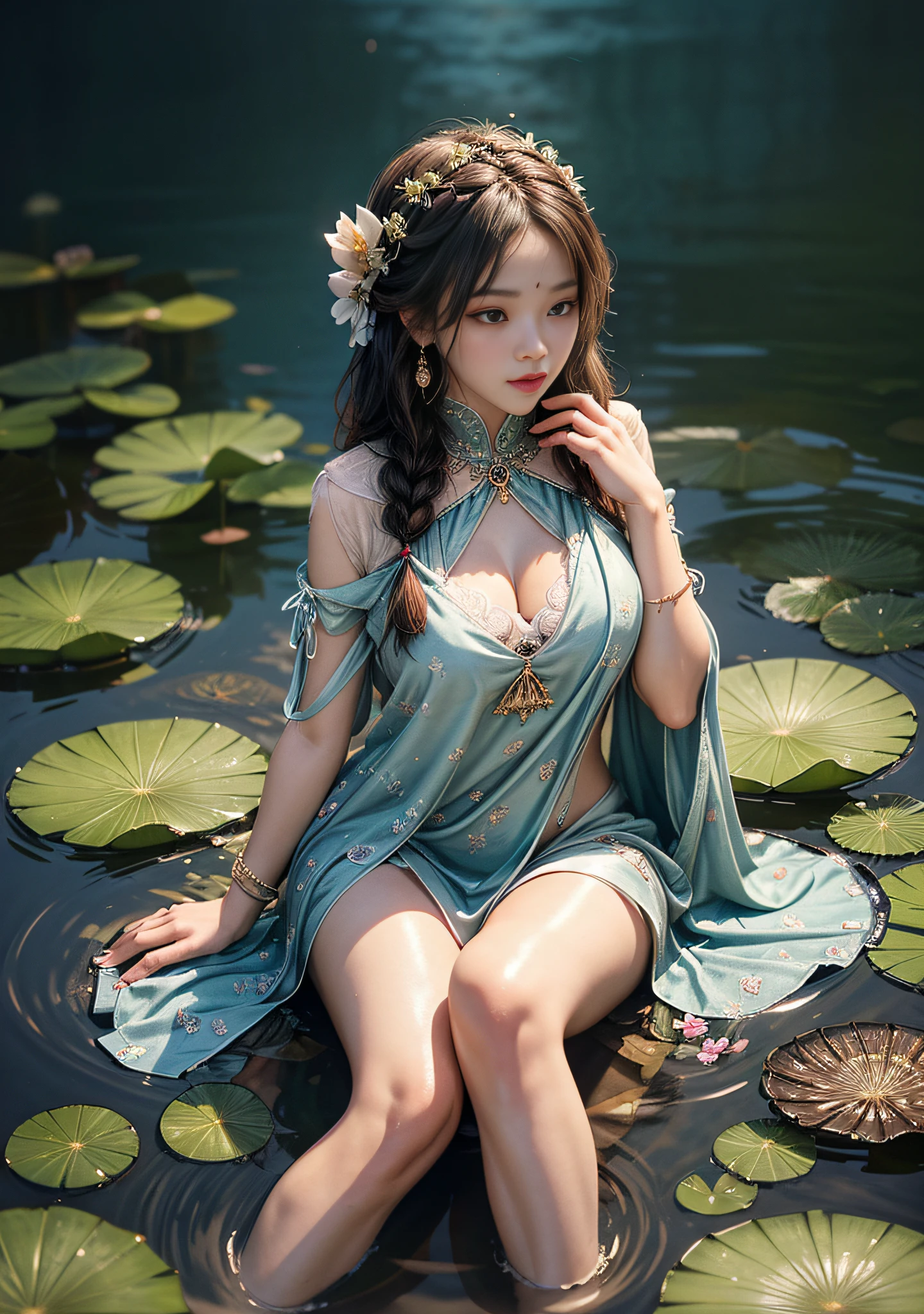 Sitting in a lotus pond full of blooming lotuses, feet playing in the water, oversized red carp in the air, art depicts a charming woman with a melon face, dressed in a flowing, silky traditional oriental dress, long, aqua blue, decorated with intricate patterns and bright colors. Her dress drapes elegantly over her curvy figure, accentuating her seductive silhouette. She sits gracefully by the tranquil lotus lake, her feet playing in the water, bathed in the soft glow of the moonlight. The scene exudes an ethereal and dreamy atmosphere, with a touch of mystery and sexiness. The graphic style blends watercolor and digital illustration techniques to evoke a refined beauty and charm. The lights are filled with soft moonlight, casting soft highlights and shadows on her charming features. Bare thighs, big breasts, three-dimensional facial features, sitting, upturned legs, side braids