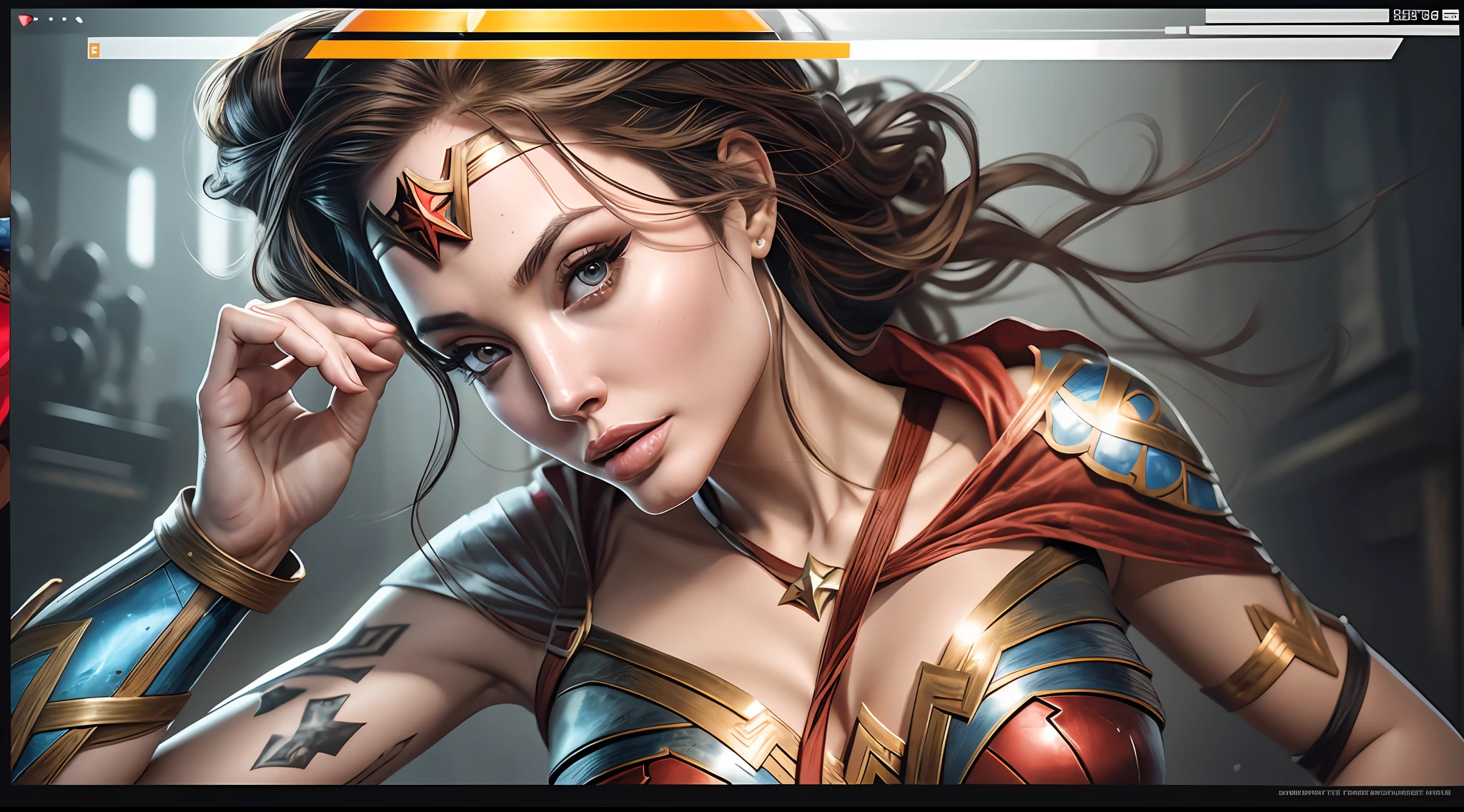 A closeup of a woman in a red and black costume, Wonder Woman, sexy Angelina Jolie painting, Angelina Jolie hybrid, super sexy Angelina Jolie, dressed as Wonder Woman, Superhero body, Portrait of Wonder Woman, Angelina Jolie as Wonder Woman, ultra high resolution costume, hyper detailed costume, comic book character, DC Comics style, perfect anatomy, hands with 4 fingers and 1 thumb, rendered in 8K resolution for high quality detail, 8K image quality, 8K high resolution image, hyper detailed, super realistic, intricate details --auto --s2