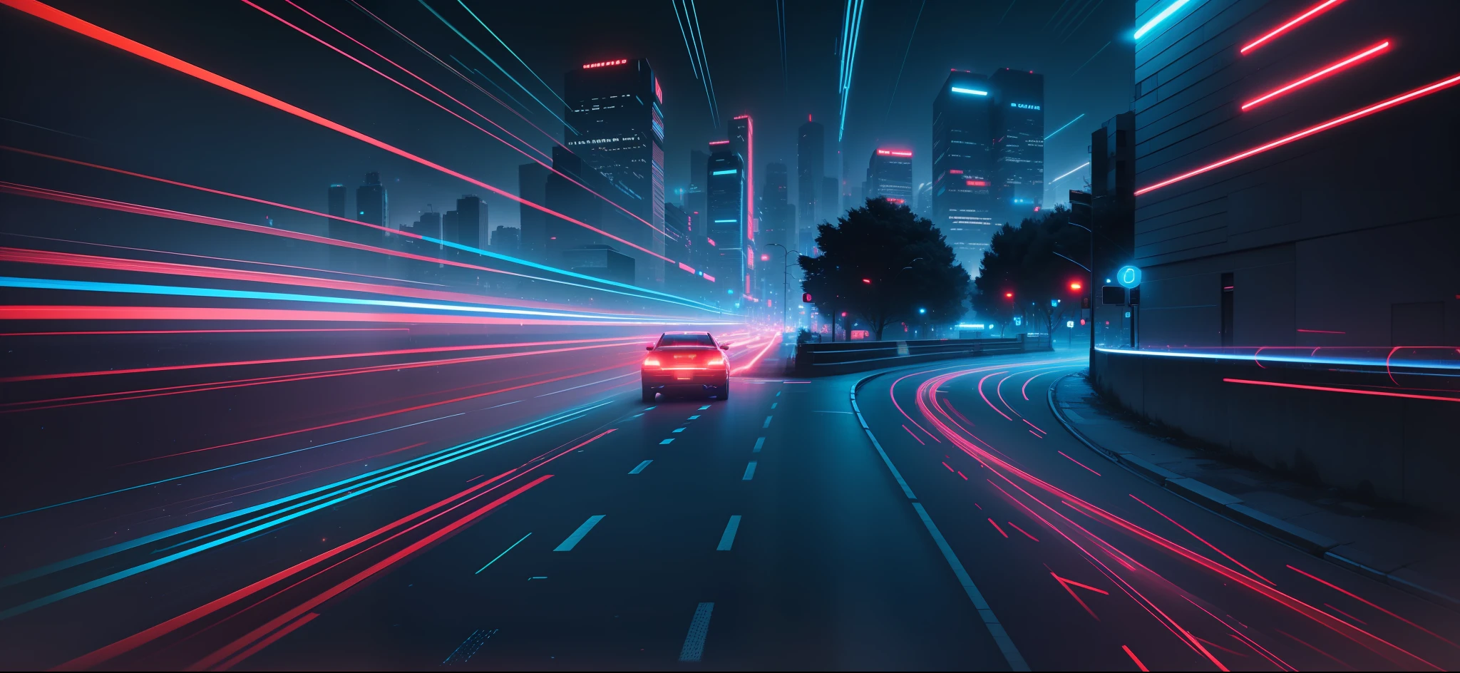 abstract image of a night scene, light trail, blue and red lights, light streaks, hq 4k phone wallpaper, light traces, light trails, dark cyberpunk neon atmosphere, blue and red glowing lights, neon lights in background, neon motion, traffic with light trails, cyberpunk city street background, blue and yellow lighting, streak lights