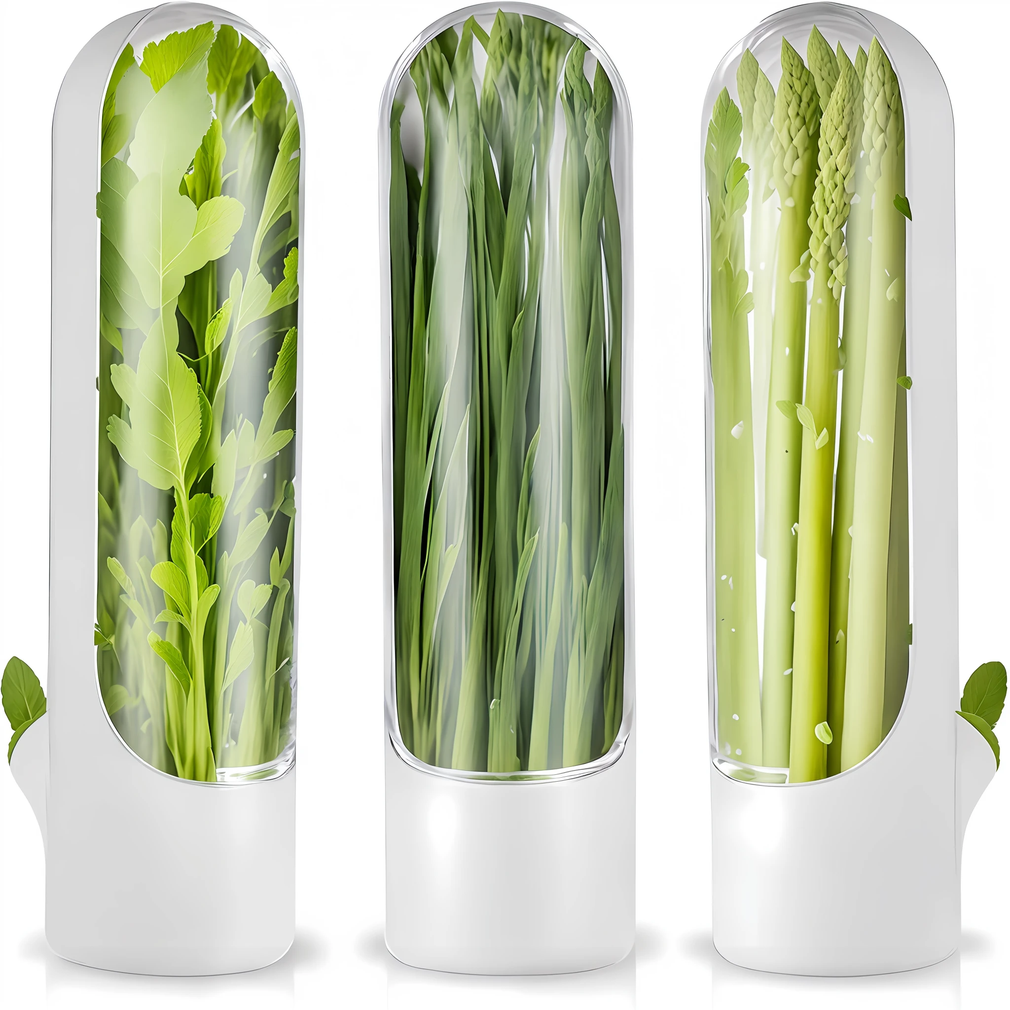 Three different types of vegetables, coriander, mint, asparagus and other plants, in a container on a white surface, green), plant forest in a glass tube, vegetable leaves, hydroponic farm, visual clarity, germination, greenery, vegetables, alien colorful greenery, mint, asparagus, innovative product concept, stem, low temperature pod, full of plants and habitat, product design shot