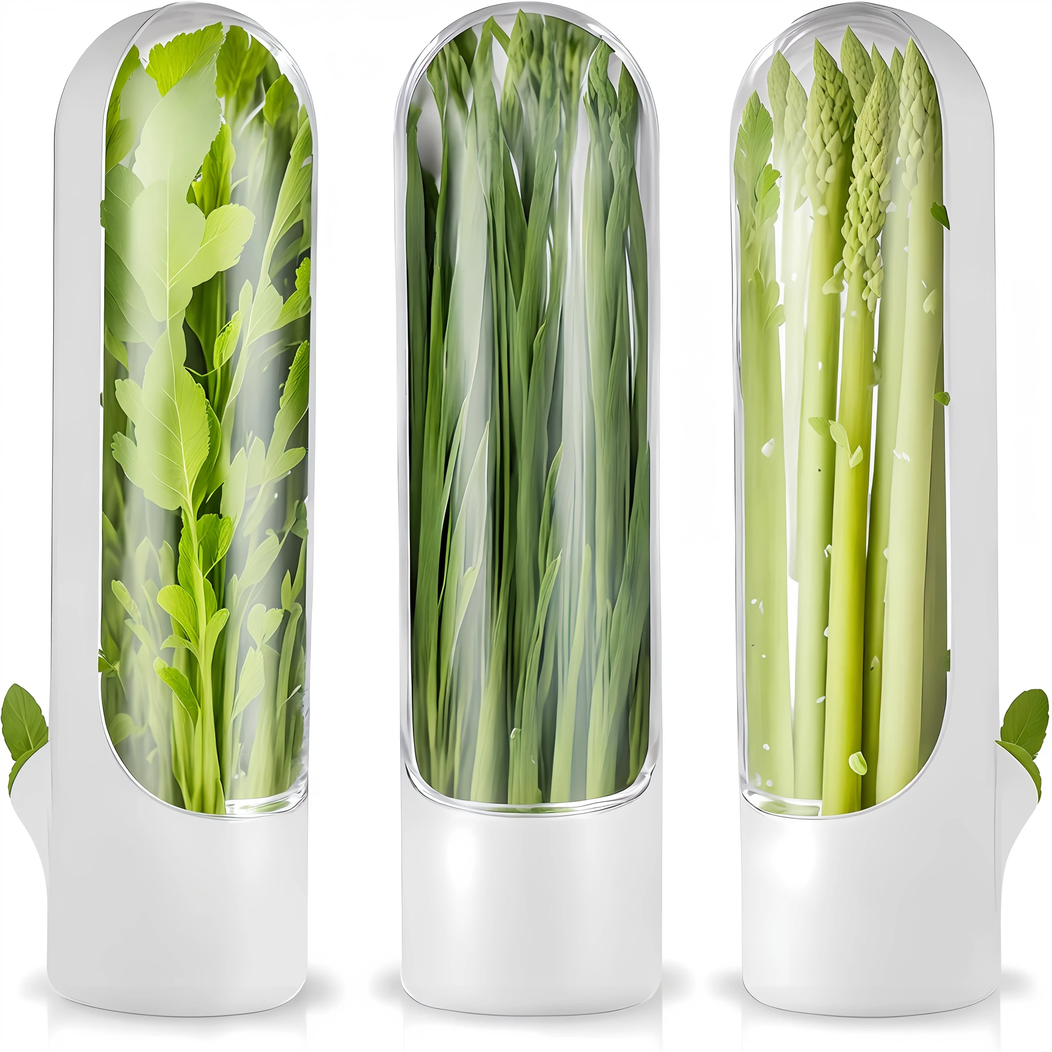 Three different types of vegetables, coriander, mint, asparagus and other plants, in a container on a white surface, green), plant forest in a glass tube, vegetable leaves, hydroponic farm, visual clarity, germination, greenery, vegetables, alien colorful greenery, mint, asparagus, innovative product concept, stem, low temperature pod, full of plants and habitat, product design shot