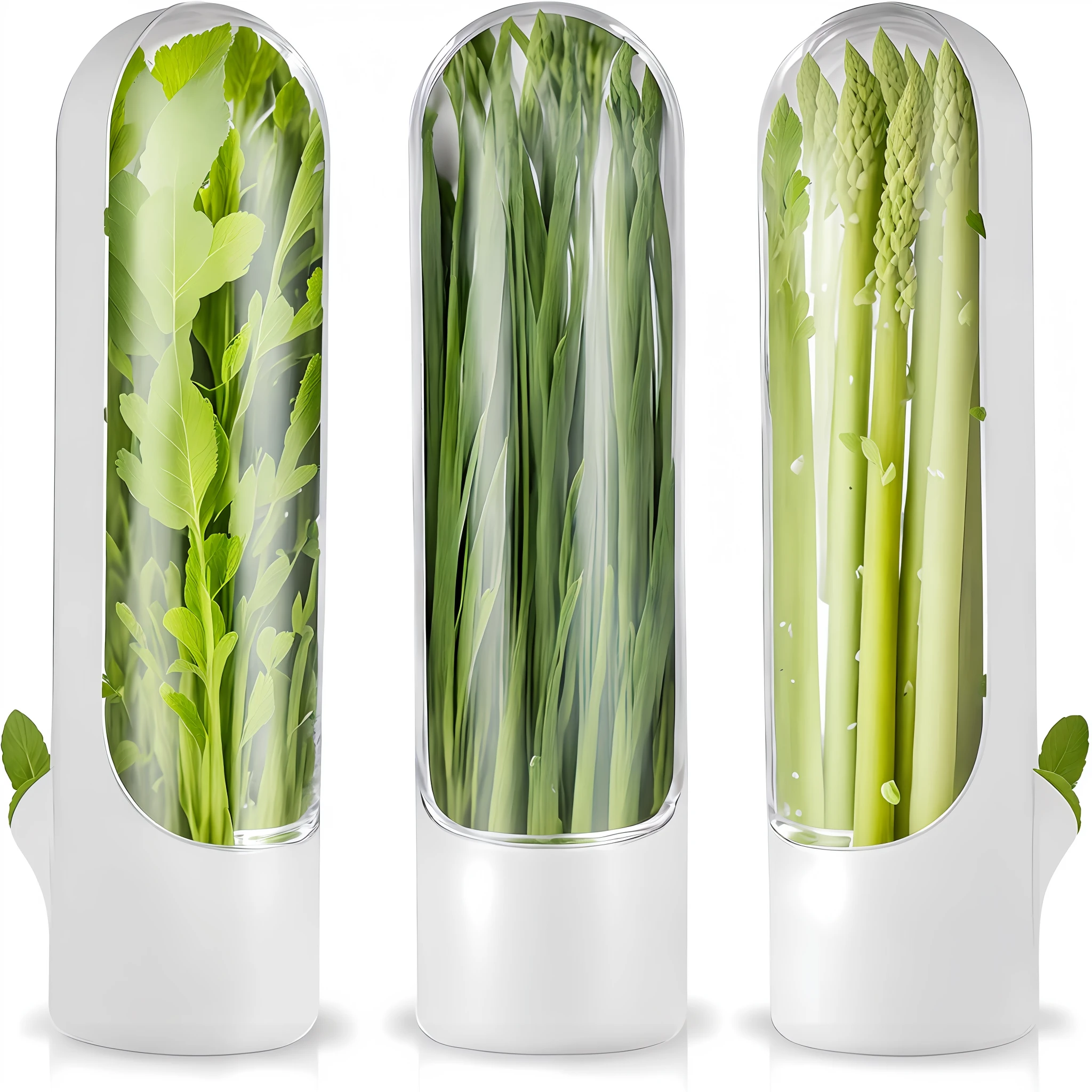 Three different types of vegetables, coriander, mint, asparagus and other plants, in a container on a white surface, green), plant forest in a glass tube, vegetable leaves, hydroponic farm, visual clarity, germination, greenery, vegetables, alien colorful greenery, mint, asparagus, innovative product concept, stem, low temperature pod, full of plants and habitat, product design shot