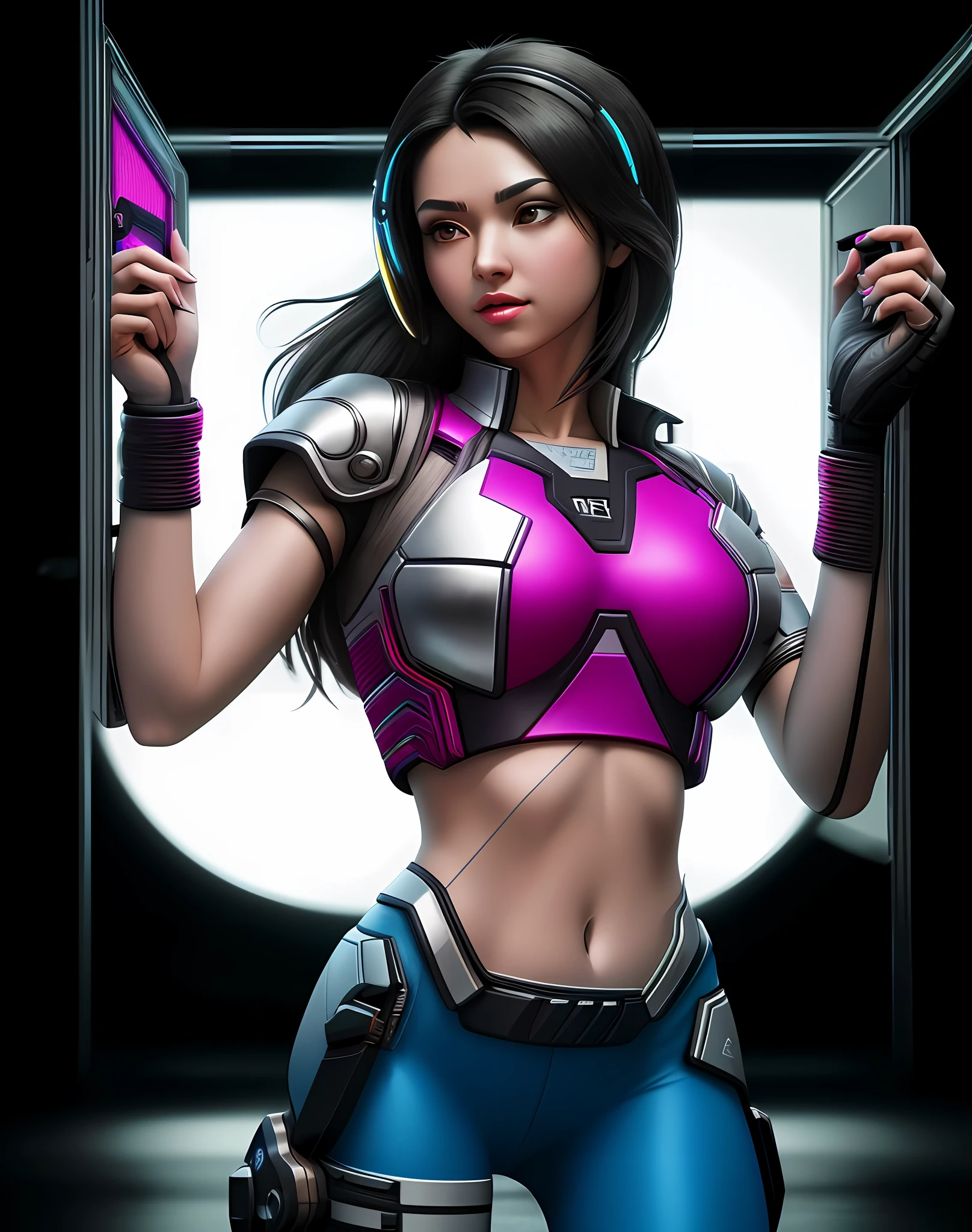 ((Best Quality)), ((Masterpiece)), (Detailed: 1.4), 3D, An Image of a Beautiful Cyberpunk Female, HDR (High Dynamic Range), Ray Tracing, NVIDIA RTX, Super-Resolution, Unreal 5, Subsurface Scattering, PBR Texturing, Post-processing, Anisotropic Filtering, Depth of Field, Maximum Clarity and Sharpness, Multilayer Textures, Albedo and Specular Maps, Surface Shading, Accurate Simulation of Light-Material Interaction, Perfect Proportions, Octane Render, Two-tone lighting, Wide aperture, Low ISO, white balance, rule of thirds, 8K RAW, masterpiece, best quality, (8k very detailed CG unit wallpaper) (best quality), (best illustration), (best shading)