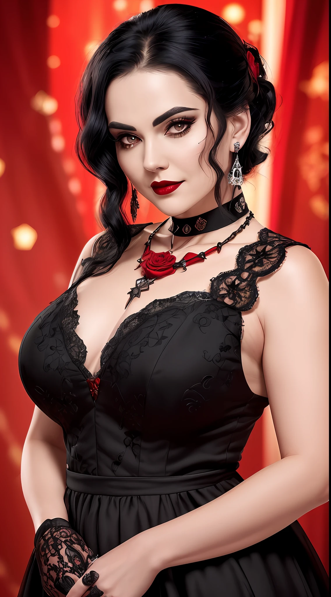 (8k, RAW photo, maximum quality), (A woman) (70 years)++, (pale face)+, (cadaverous)+, (showing the mark of the bones, dark makeup), (((red dress)), ((black hair)) (necklace with a red rose) (jewelry), photo only of the face, close-up++, (detailed eyes: 0.8), (looking at the camera: 1.4), (maximum quality), (best shadow), intricate details, background with lights, night