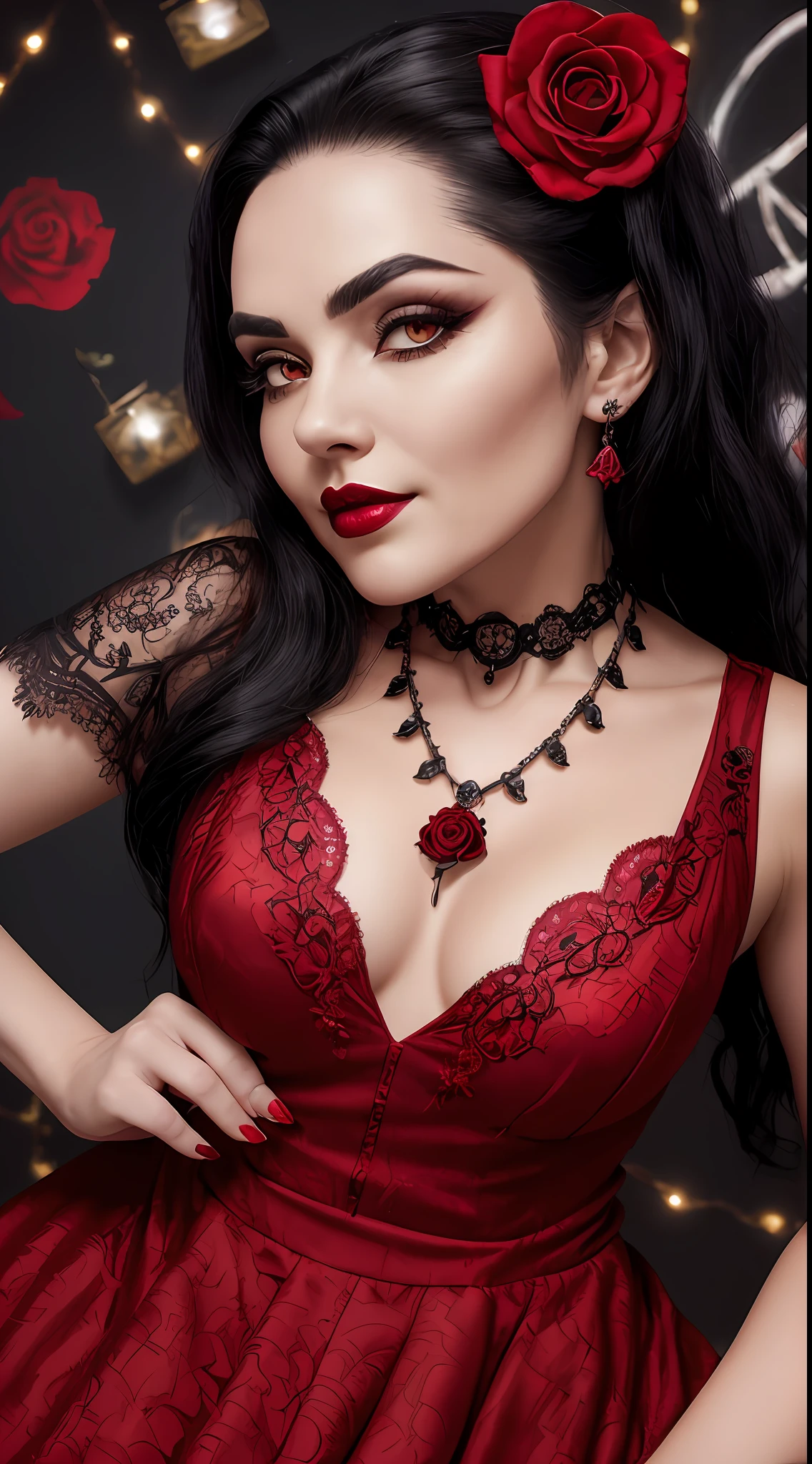 (8k, RAW photo, maximum quality), (A woman) (70 years)++, (pale face)+, (cadaverous)+, (showing the mark of the bones, dark makeup), (((red dress)), ((black hair)) (necklace with a red rose) (jewelry), photo only of the face, close-up++, (detailed eyes: 0.8), (looking at the camera: 1.4), (maximum quality), (best shadow), intricate details, background with lights, night