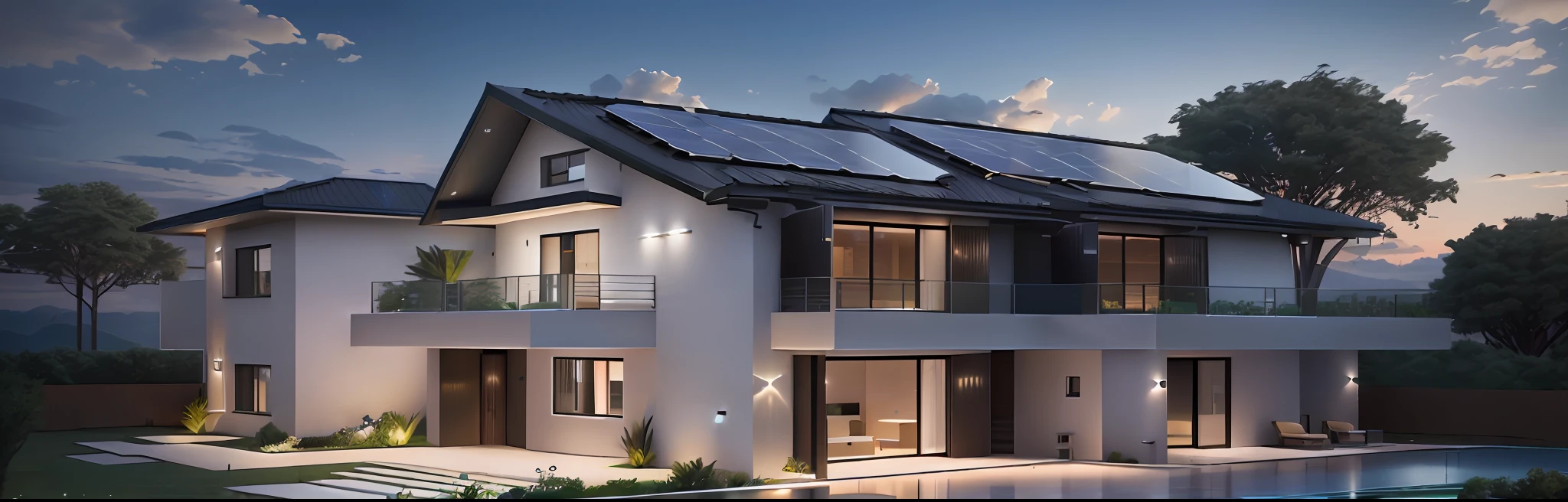 (Architectural Visualization, Lumion Pro Rendering), (High Quality Rendering, Professional Rendering, Close Shot), Solar Panels, Projection Materials, Passive House, (Roof Solar Panel: 1.1+ Solar Powered), Night Effects, Night Lighting, Night View Tune, (Luxcore Rendering: 0.9 + Xul Solar), Outdoor Air, Summer Sun, Summer Feeling Best Architectural Design