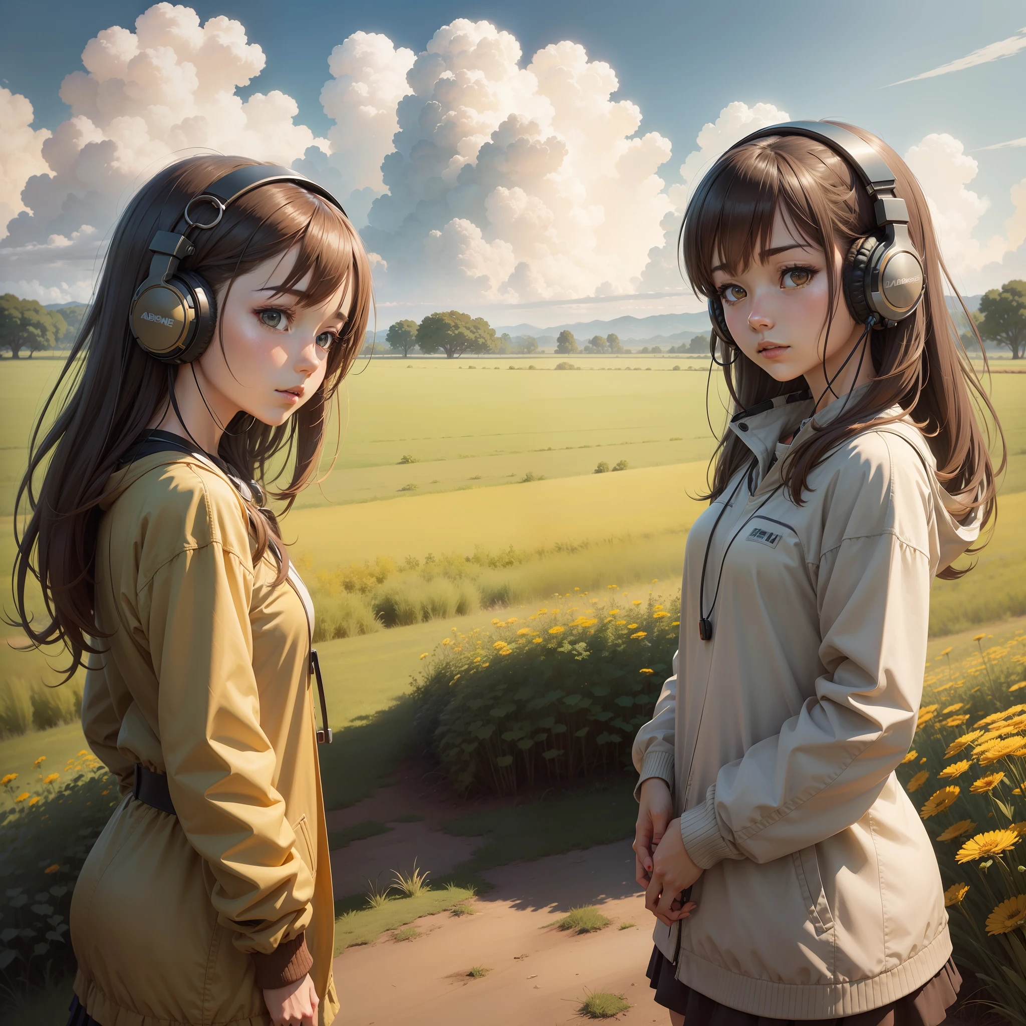 an anime girl wearing headphones and standing in a field, in the style of realistic hyper-detailed portraits, cabincore, earthy colors, ambitious, dinopunk, atmospheric clouds, bold, manga-inspired characters
