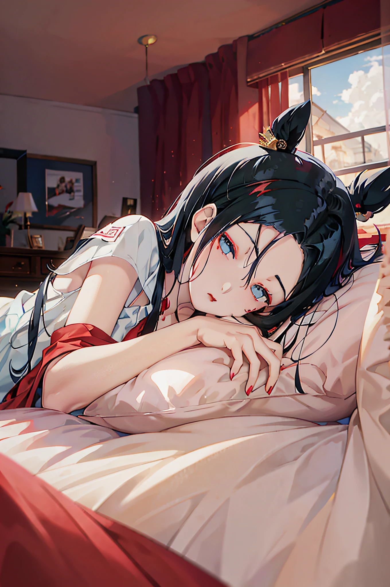 anime girl sleeping in the bed room in the morning , blue eye, black hair , red lip ,